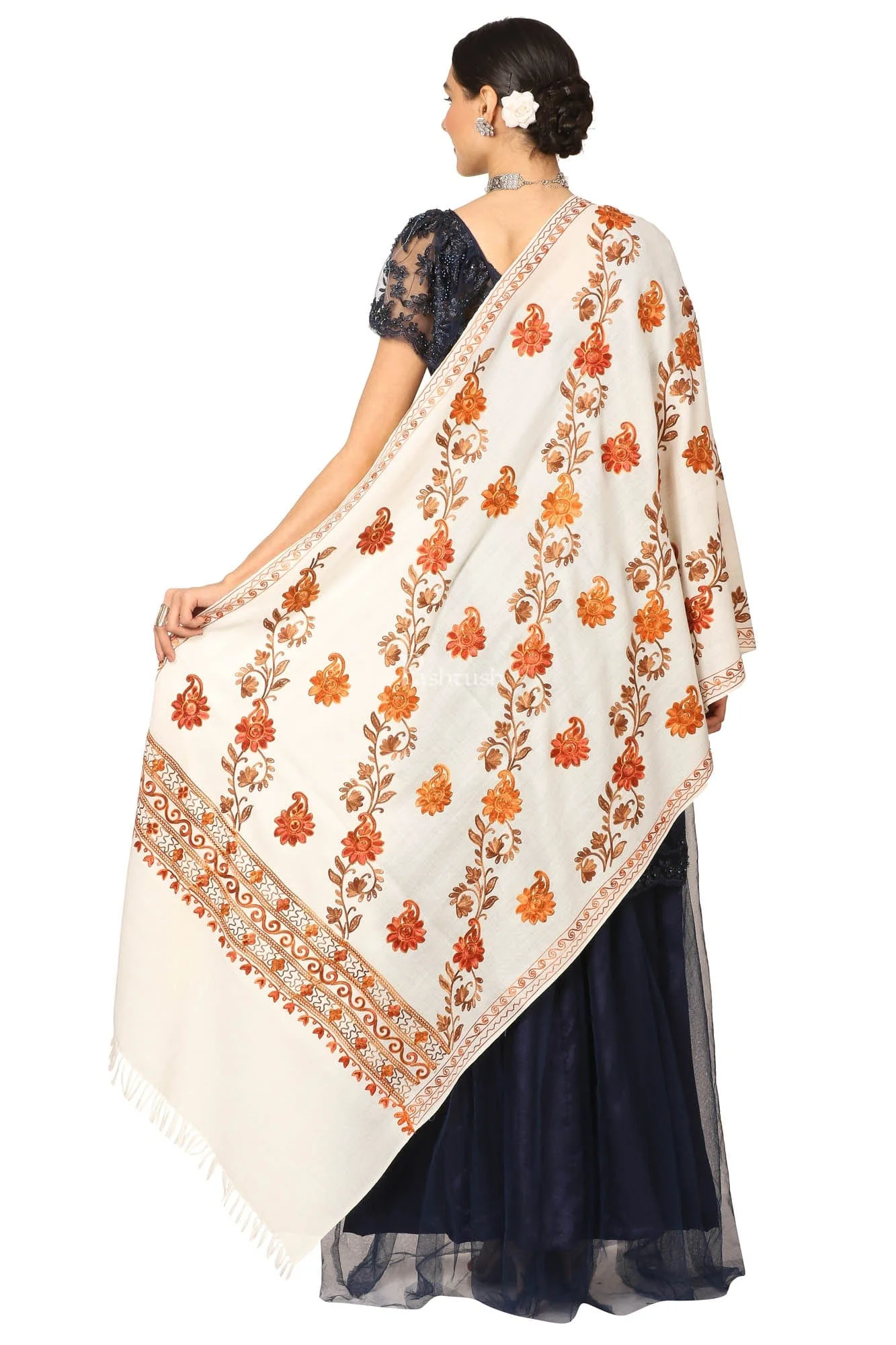 Pashtush Aari Embroidery Stole, Fine Wool, White - Image 2