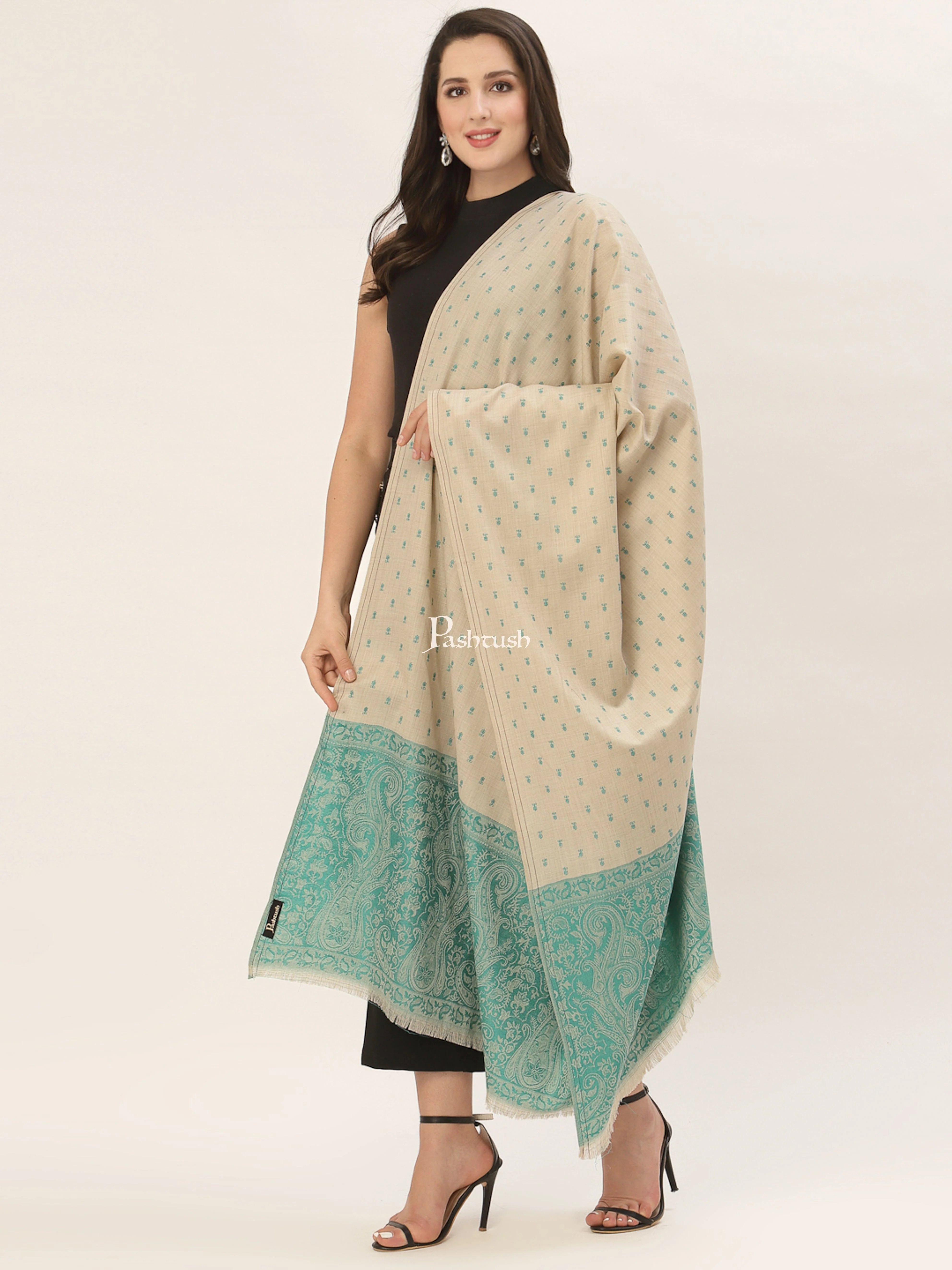 Pashtush Womens Embroidery Shawl, Jacquard Palla, Fine Wool - Image 5