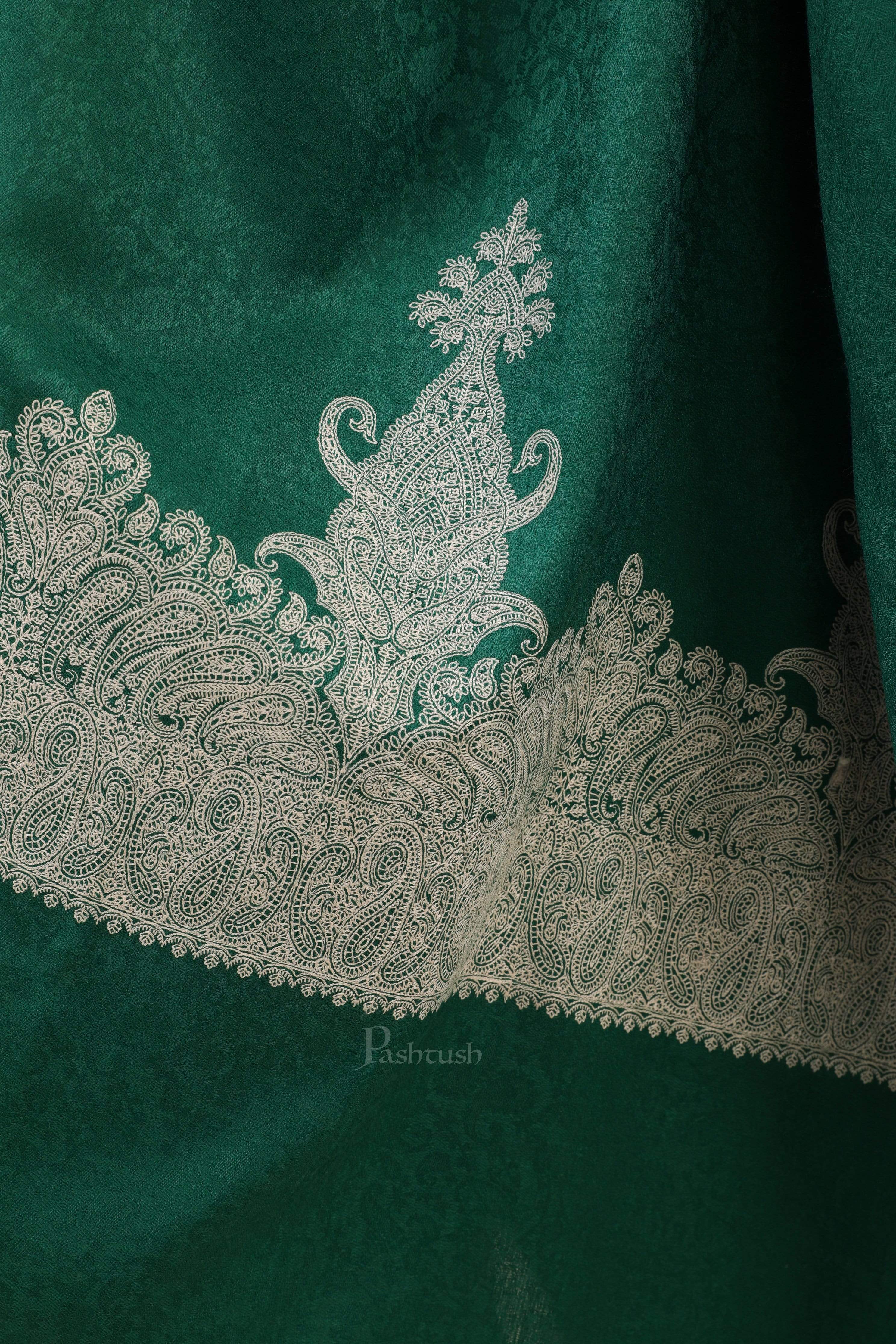 Pashtush Womens Shawl, Fine Wool Tone On Tone Palla Embroidery, Green - Image 2