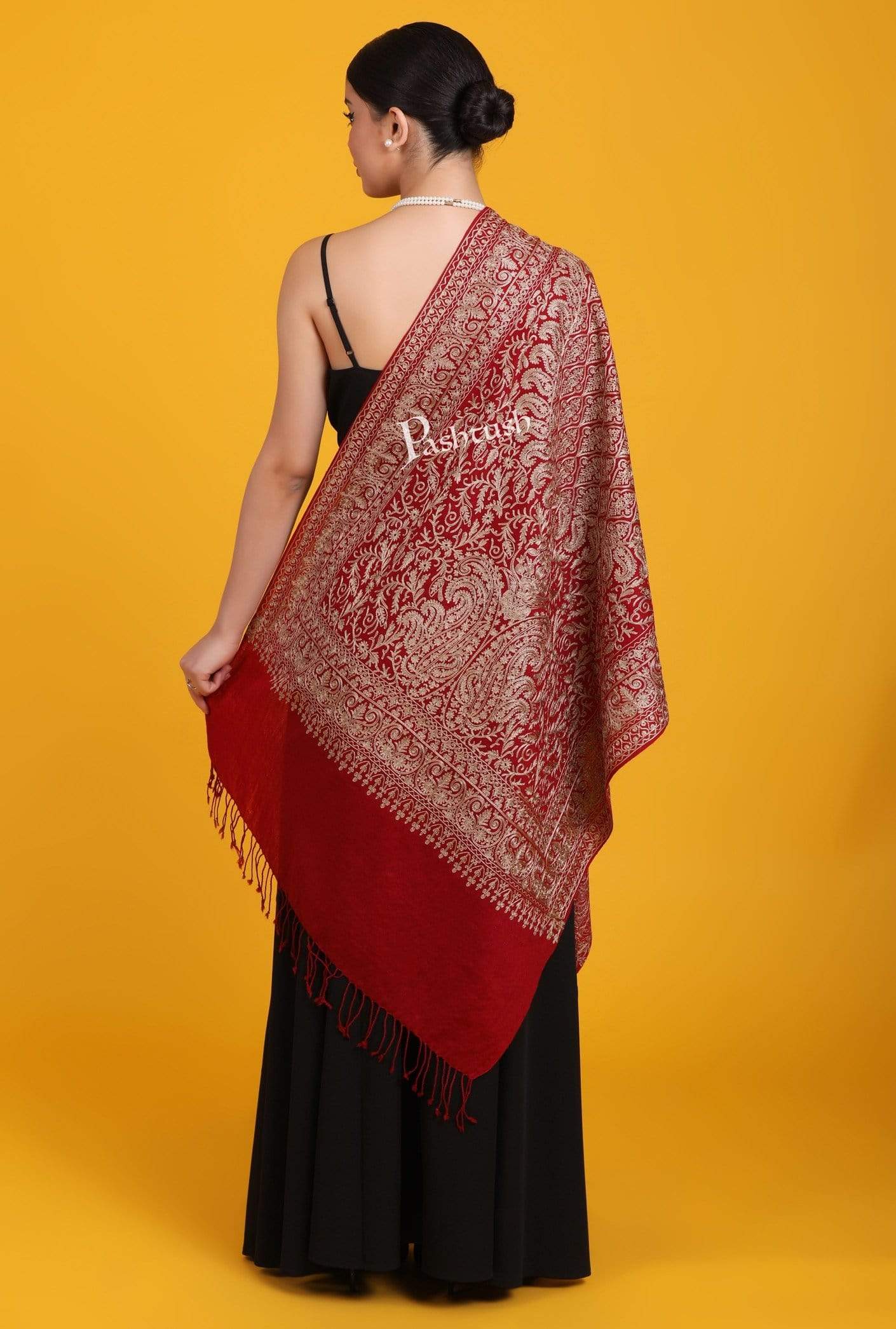 Pashtush Womens Woollen Stole, Silky Nalki Embroidery Needlework Stole, Maroon - Image 3