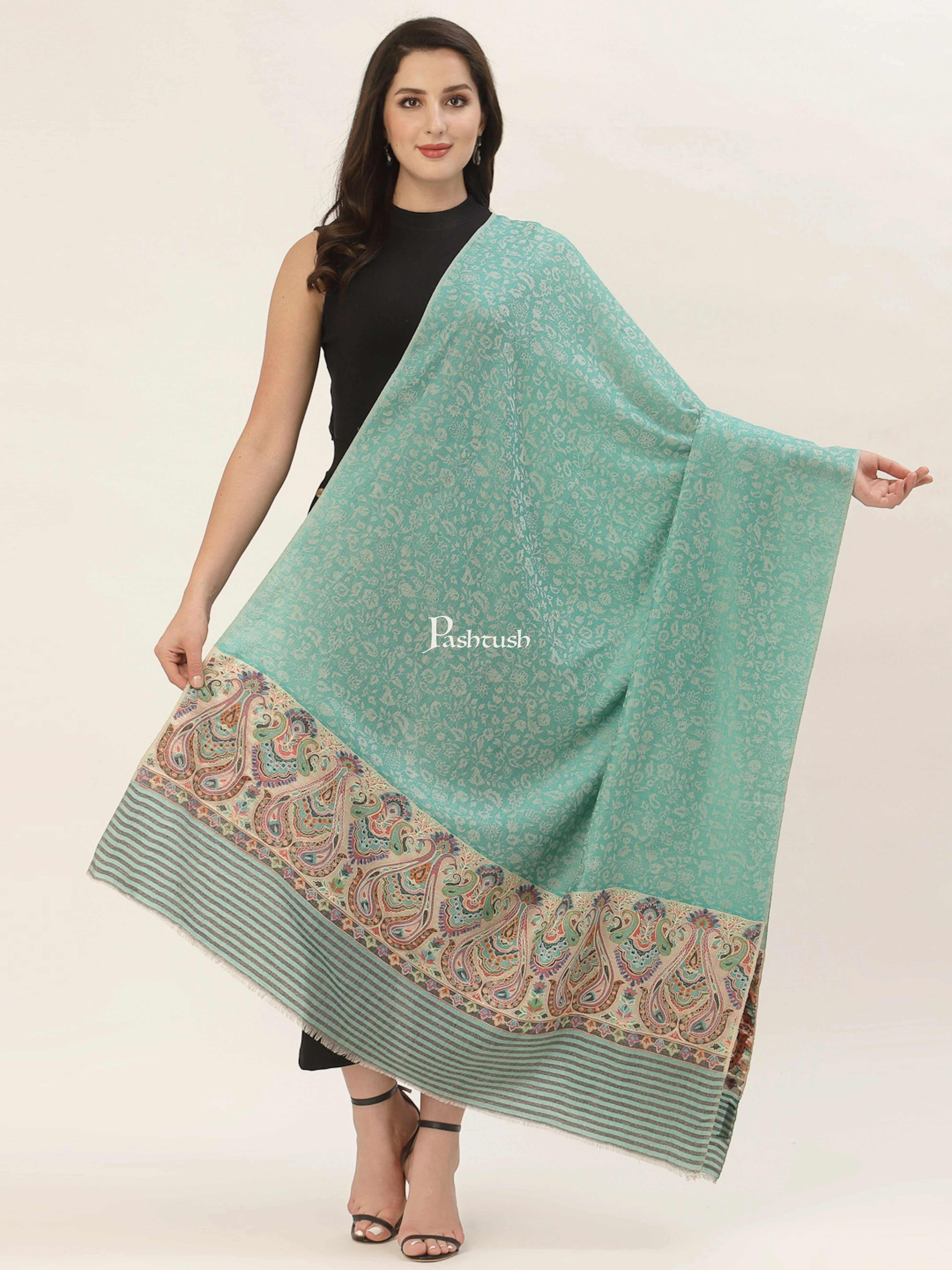 Pashtush Womens Fine Wool Shawl, With Silky nalki embroidery - Image 2