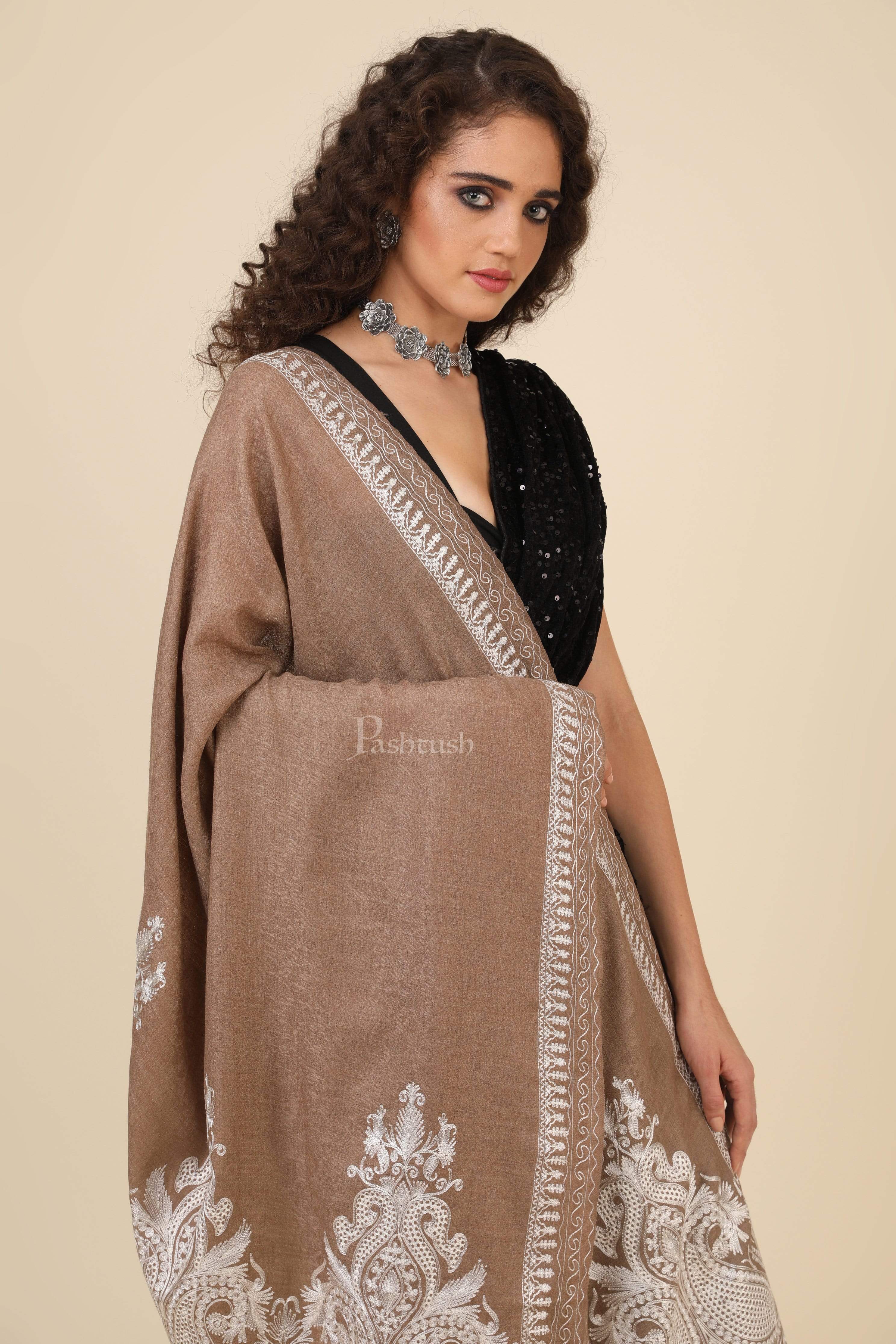 Pashtush Womens Fine Wool Shawl, With Tone On Tone Nalki Embroidery, Soft And Warm - Image 4