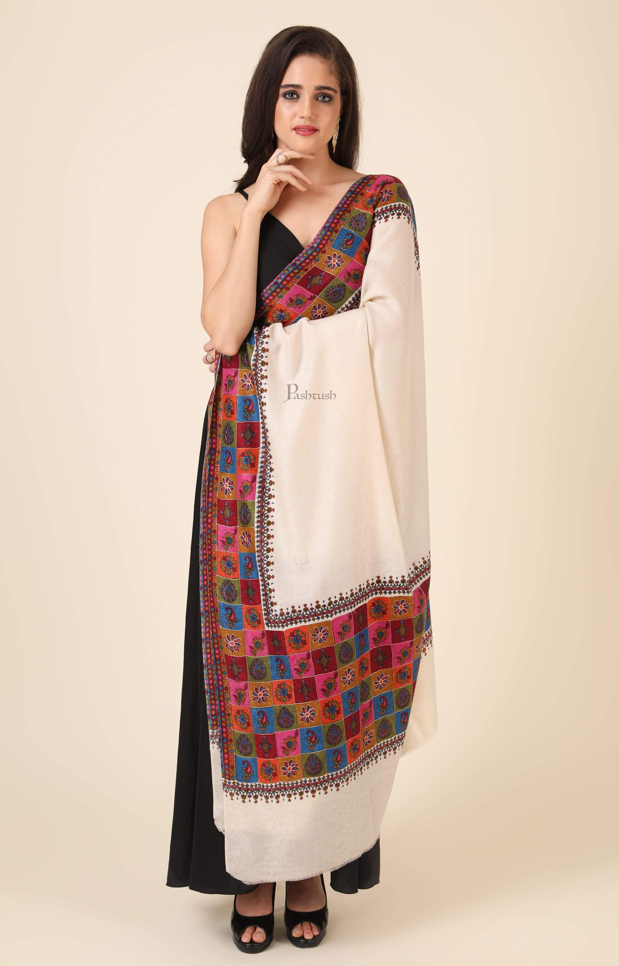 Pashtush Womens Hand Embroidered Kalamkari Shawl, Fine Wool - Image 3