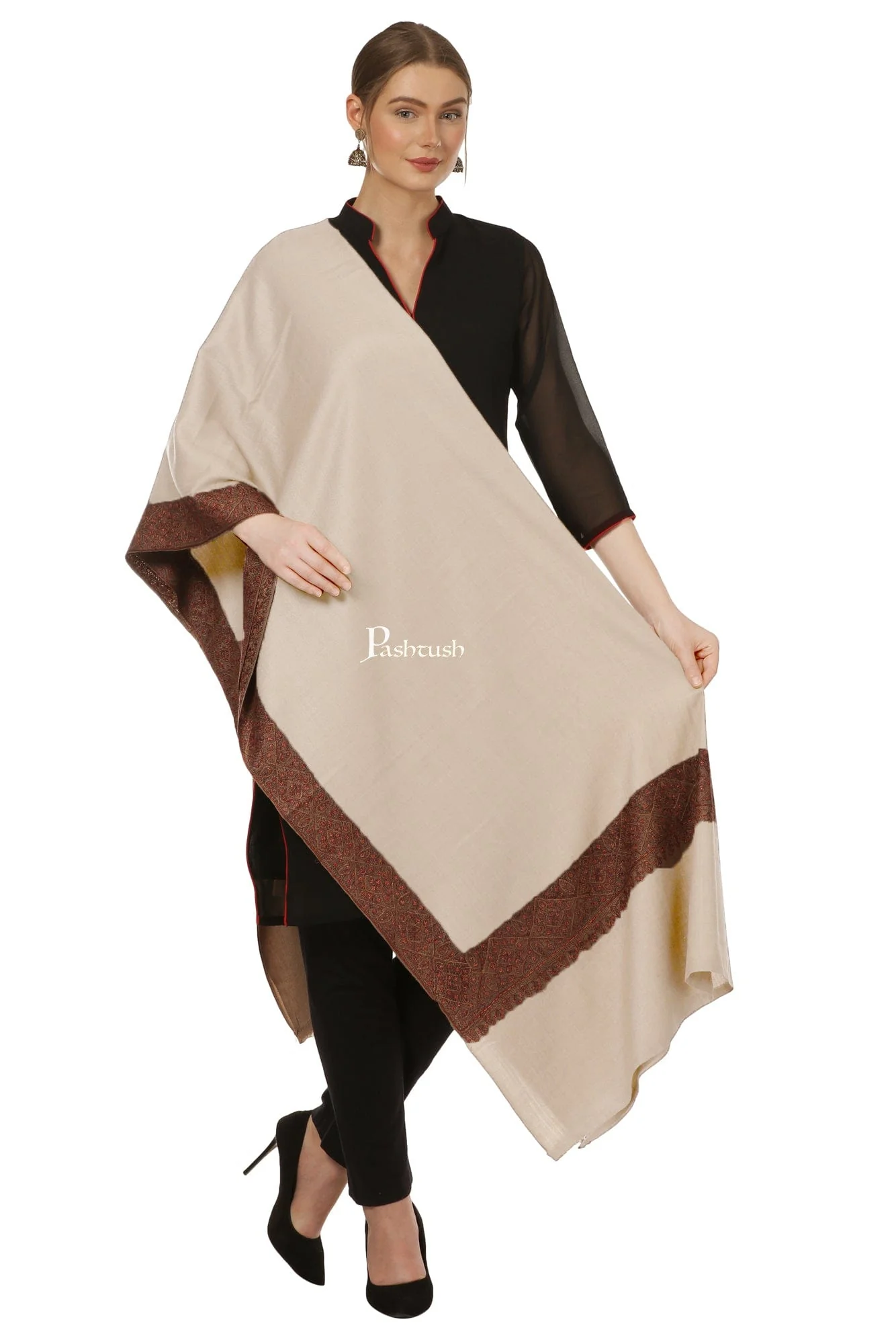 Pashtush Womens Hand Embroidery Shawl, Border Design Shawls - Image 4