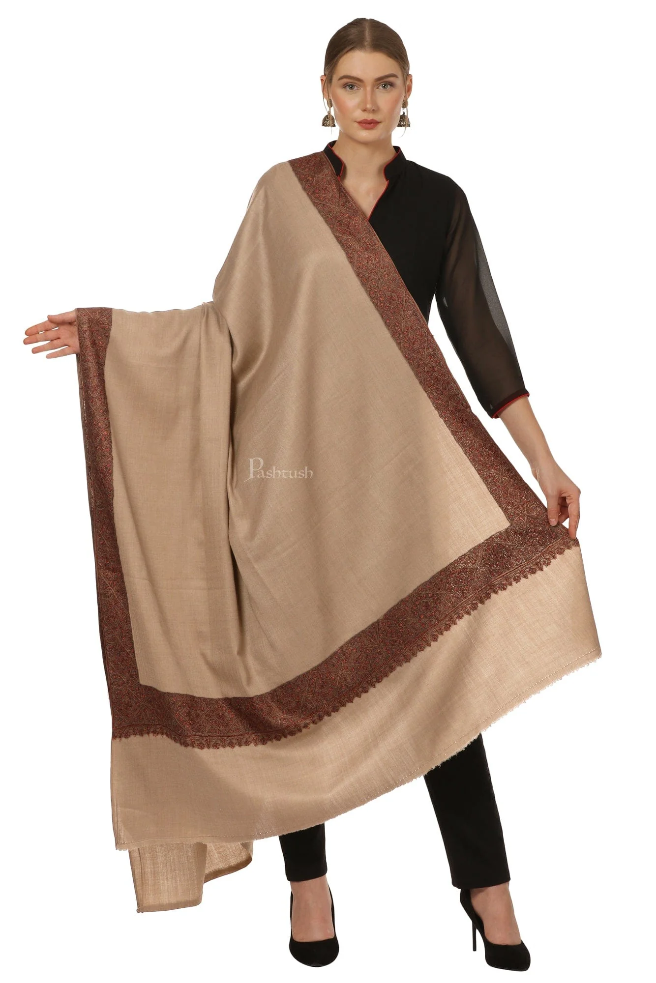 Pashtush Womens Hand Embroidery Shawl, Border Design Shawls - Image 3