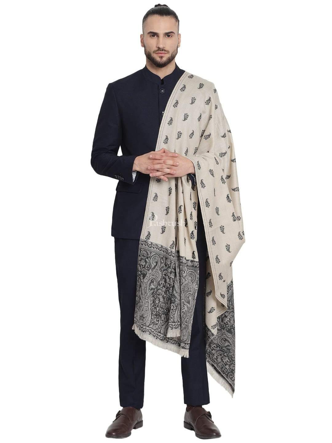 Pashwool Mens Embroidered Stole, Kashmiri Stitch, With Woven Jamawar Palla - Image 5
