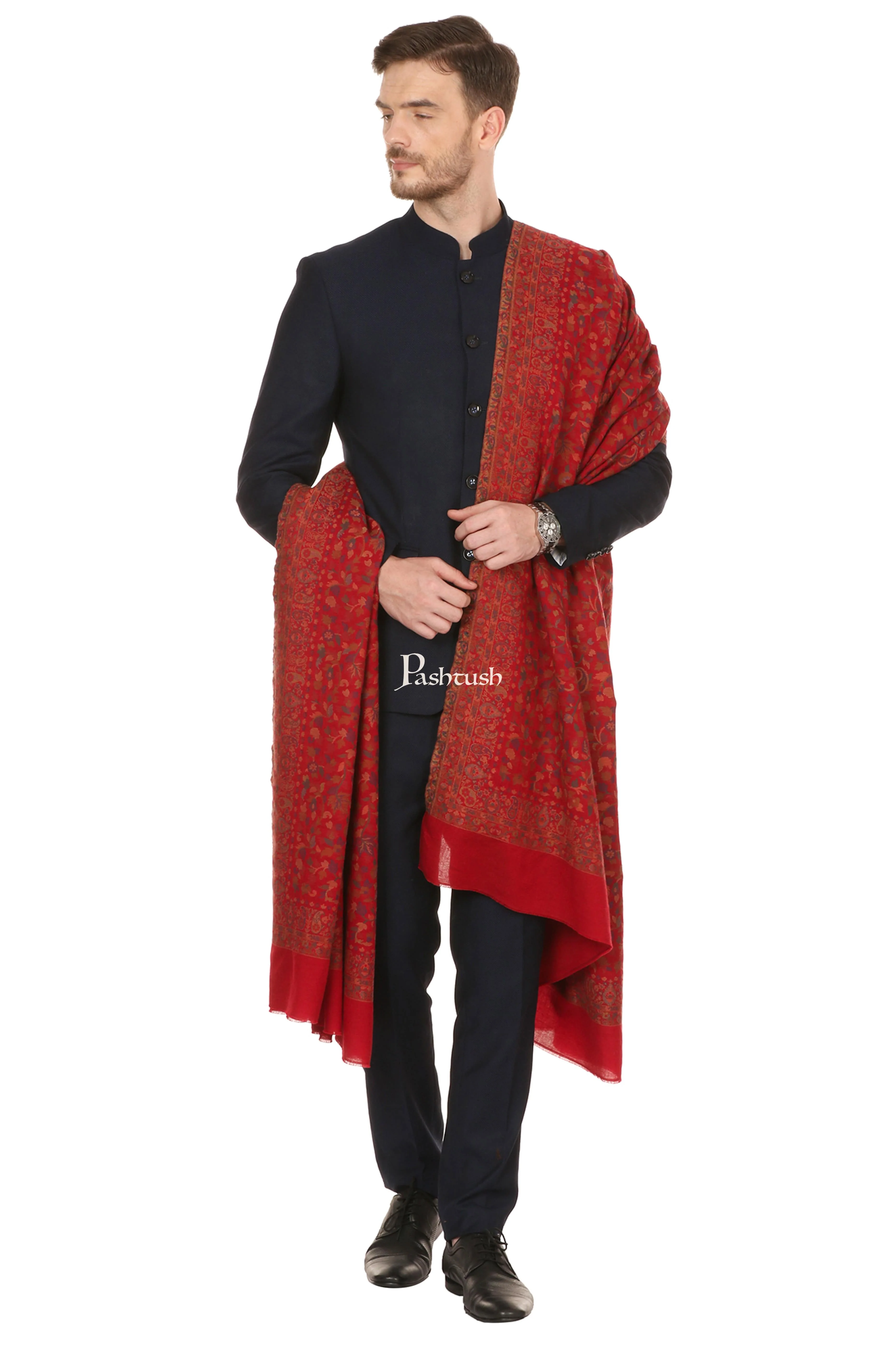 Pashtush Mens Ethnic Shawl, Mens Lohi, Full Size, Fine Wool, Maroon - Image 3