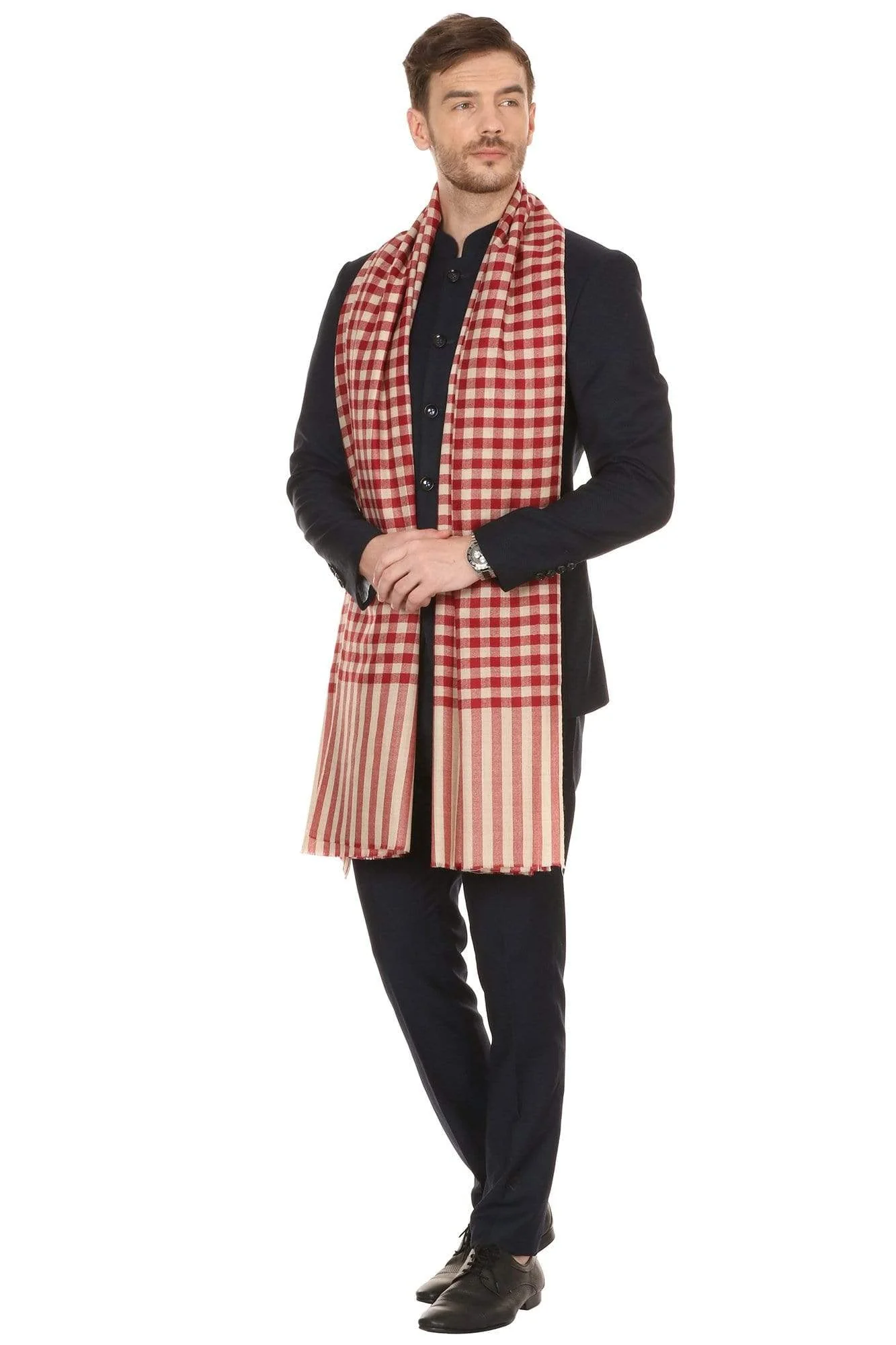 Pashtush Mens Fine Wool Checkered Stole, Extra Soft And Warm - Maroon - Image 4