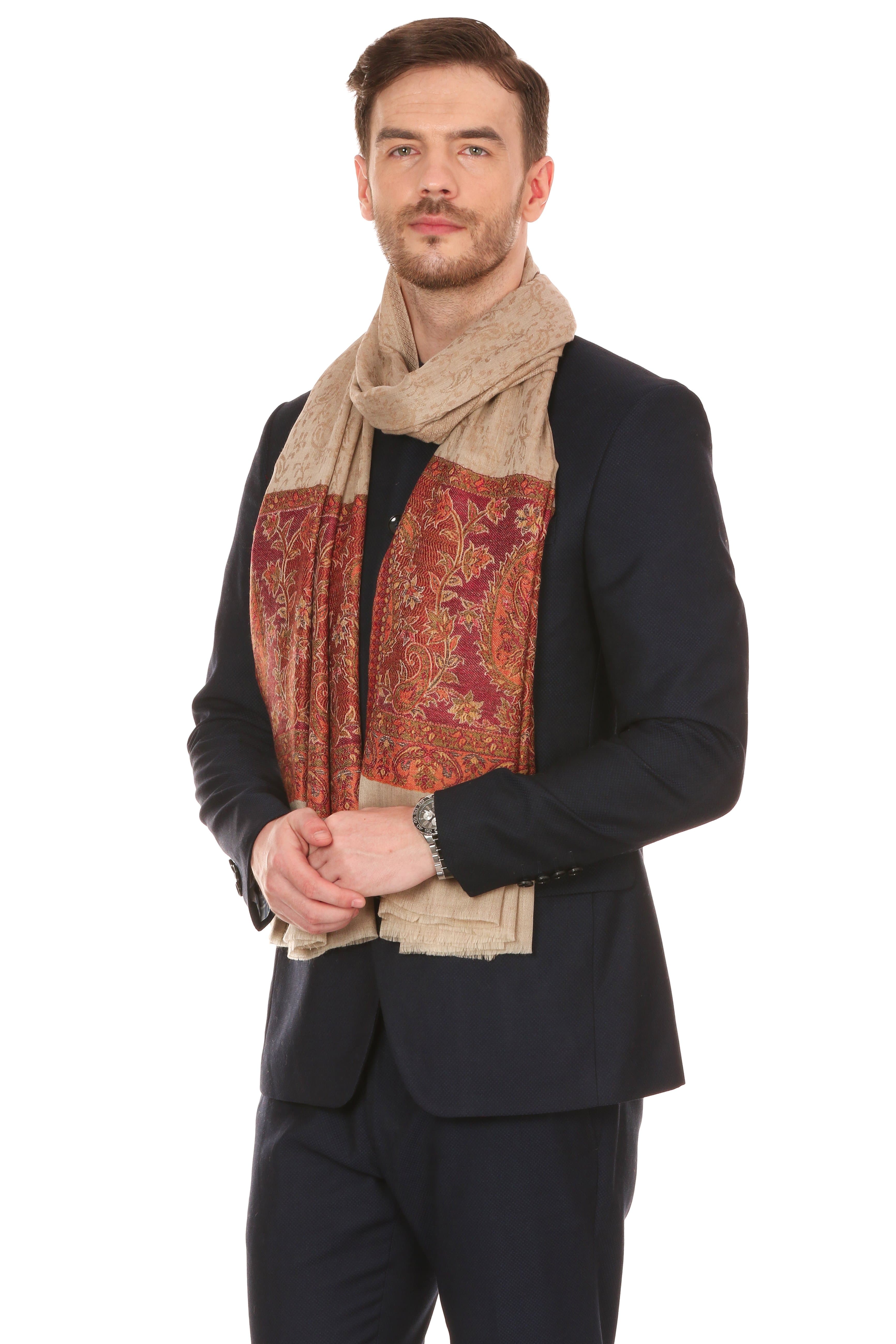 Pashtush Mens Fine Wool Jacquard Stole, Brown - Image 5