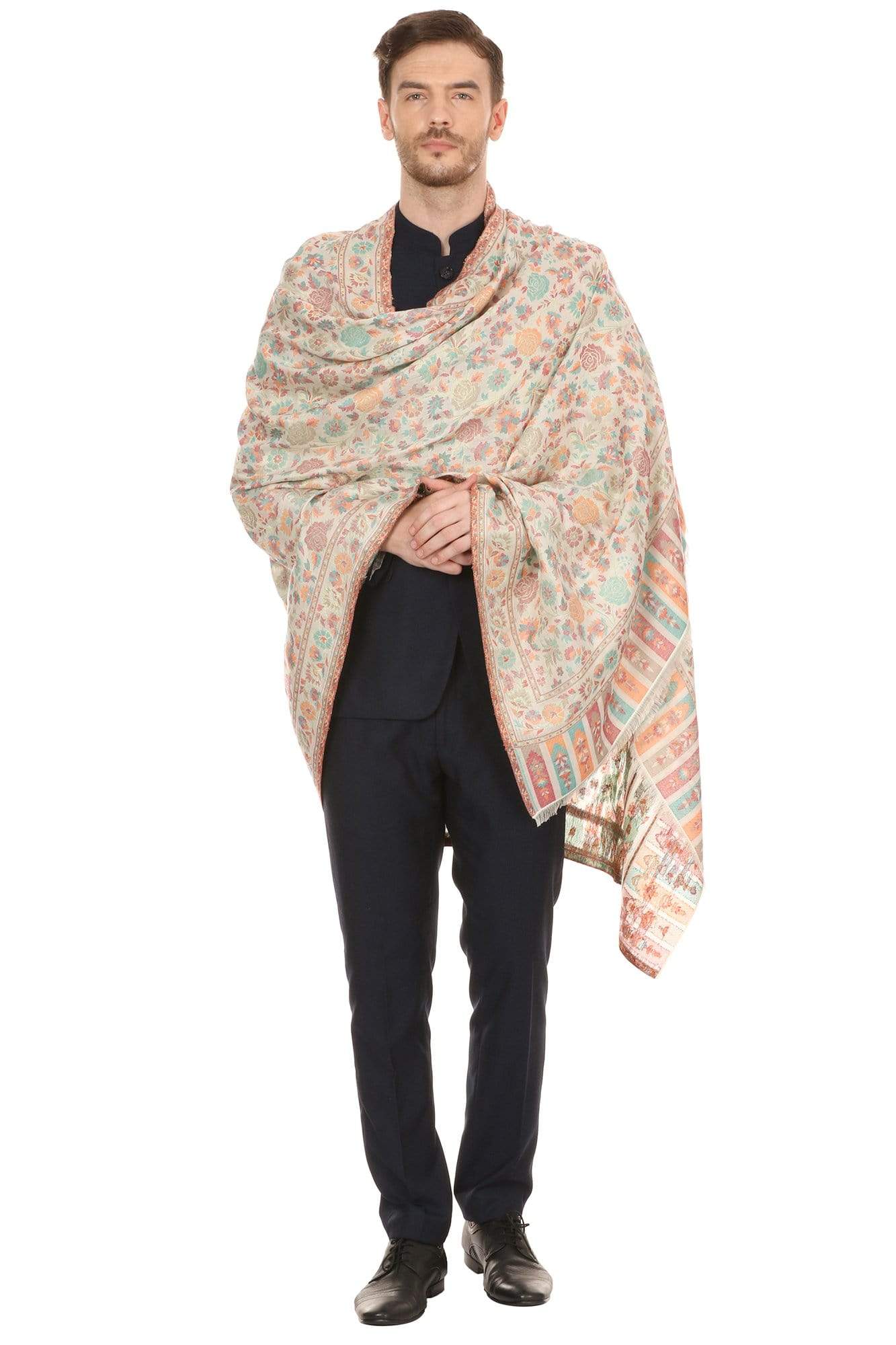 Pashtush Mens Gulaabdar Ethnic Stole, Woven Design Ivory - Image 4