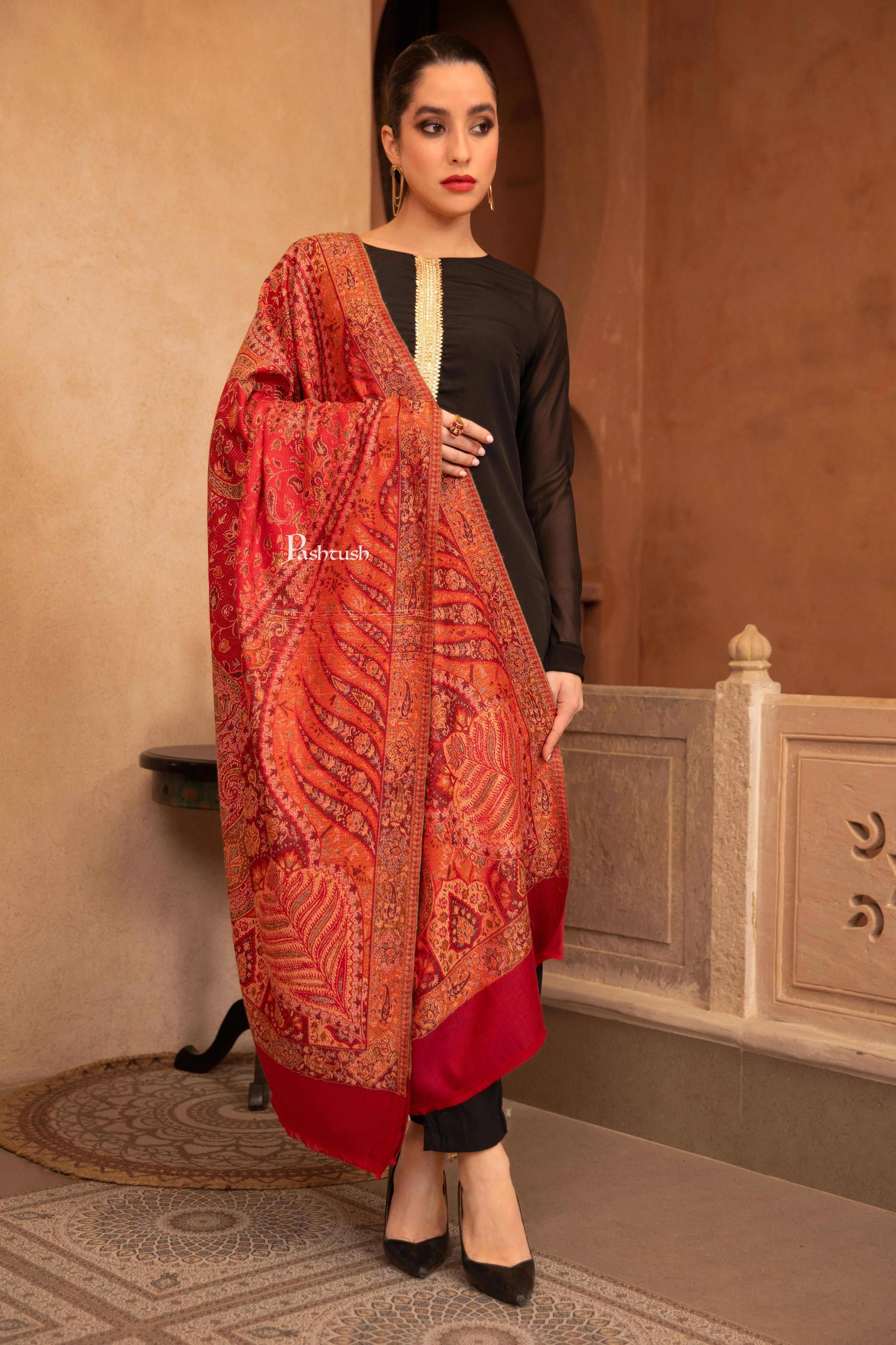 Pashtush  Faux Pashmina Shawl, Jamawar Paisley Design, Maroon - Image 2