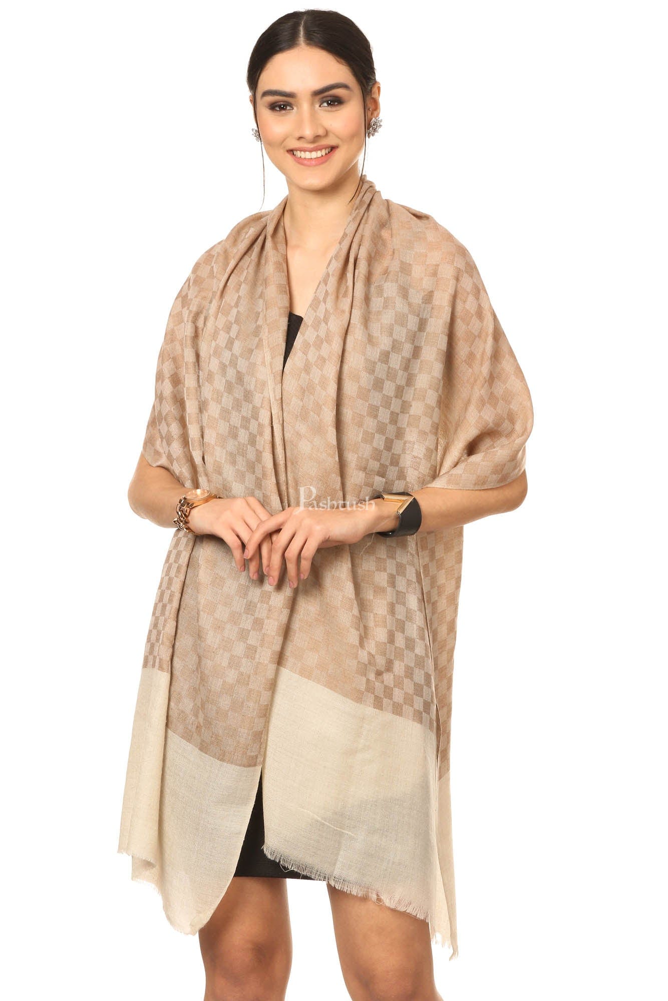 Pashtush Fine Wool Luxury Striped Design Scarf, Stole, Weaving Design - Beige - Image 3