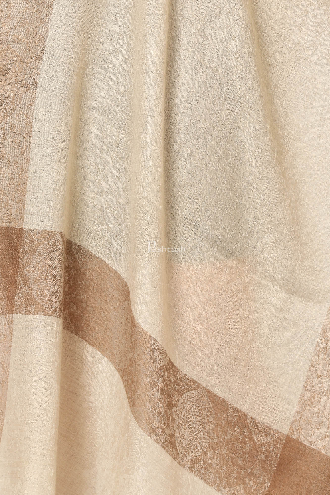 Pashtush Fine Wool Luxury Striped Design Scarf, Stole, Weaving Design - Beige - Image 2