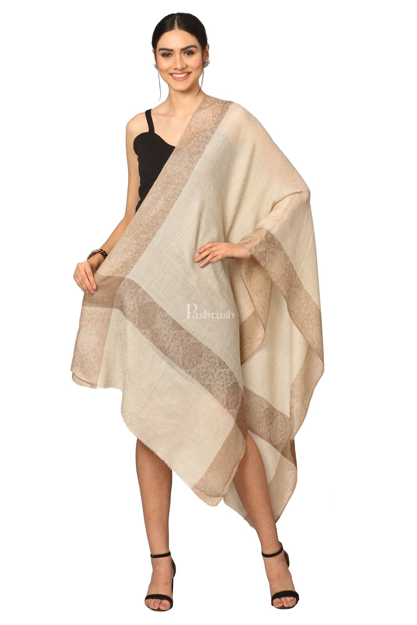 Pashtush Fine Wool Luxury Striped Design Scarf, Stole, Weaving Design - Beige - Image 4