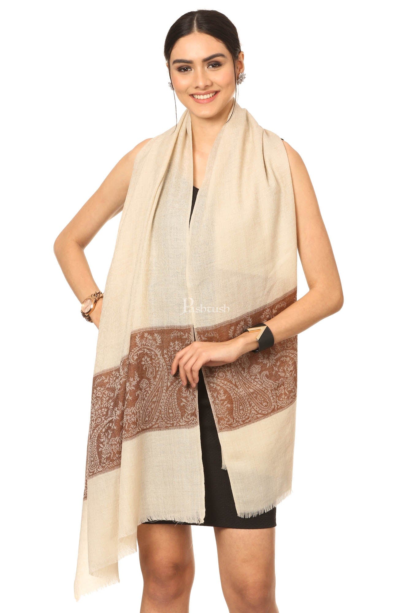 Pashtush Fine Wool Luxury Striped Design Scarf, Stole, Weaving Design - Coffee - Image 5
