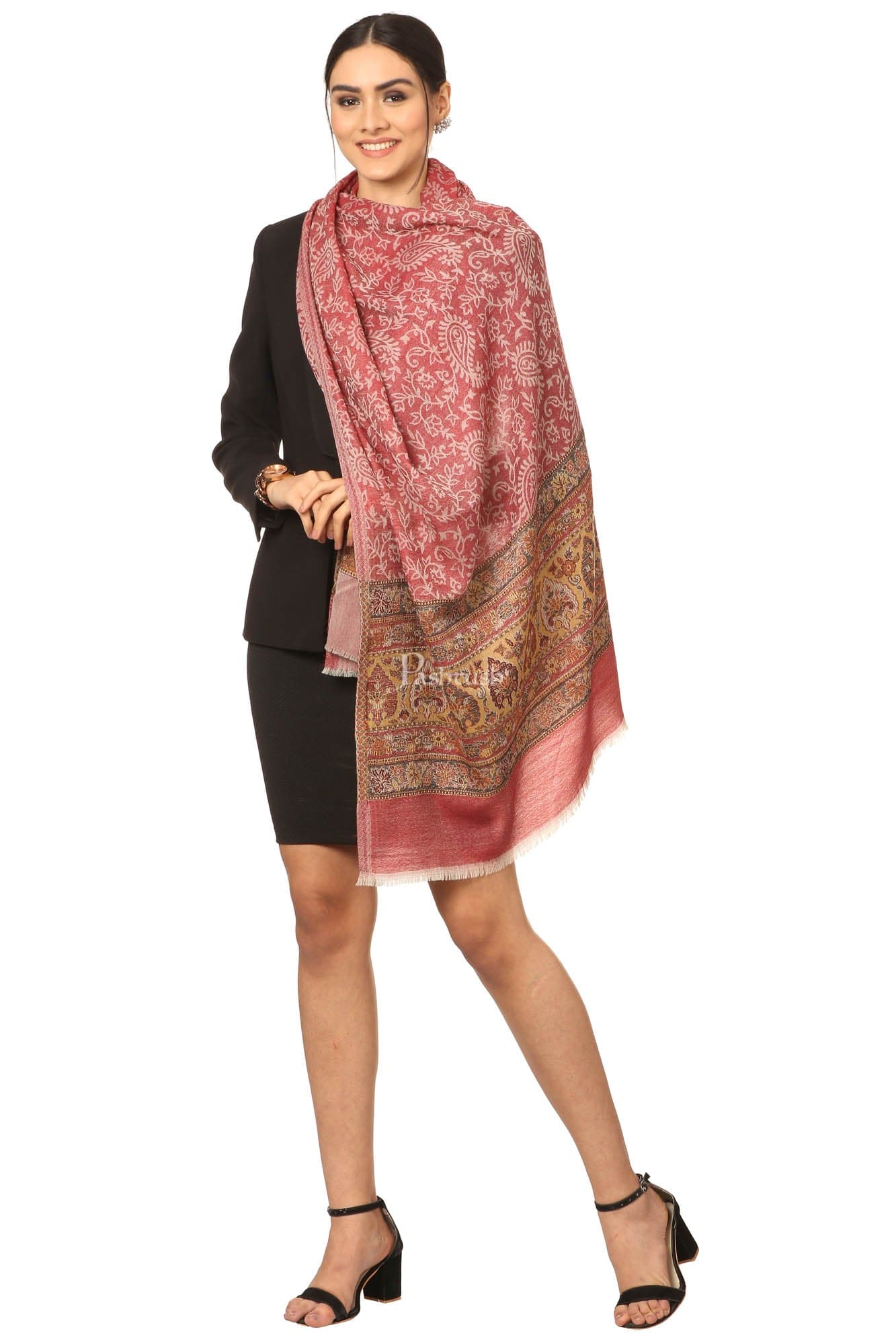 Pashtush Fine Wool Luxury Striped Design Scarf, Stole, Weaving Design - Red - Image 3