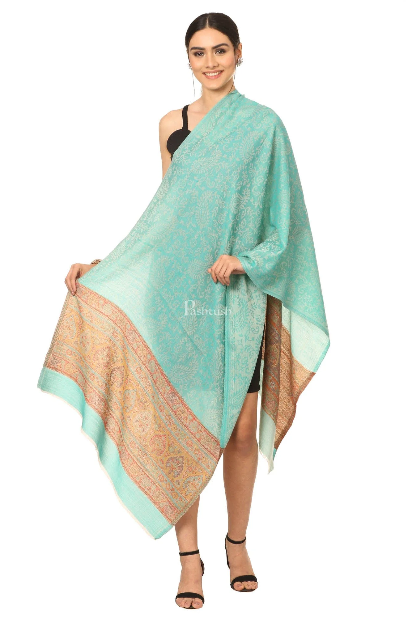 Pashtush Fine Wool Luxury Striped Design Scarf, Stole, Weaving Design - Sea Green - Image 4