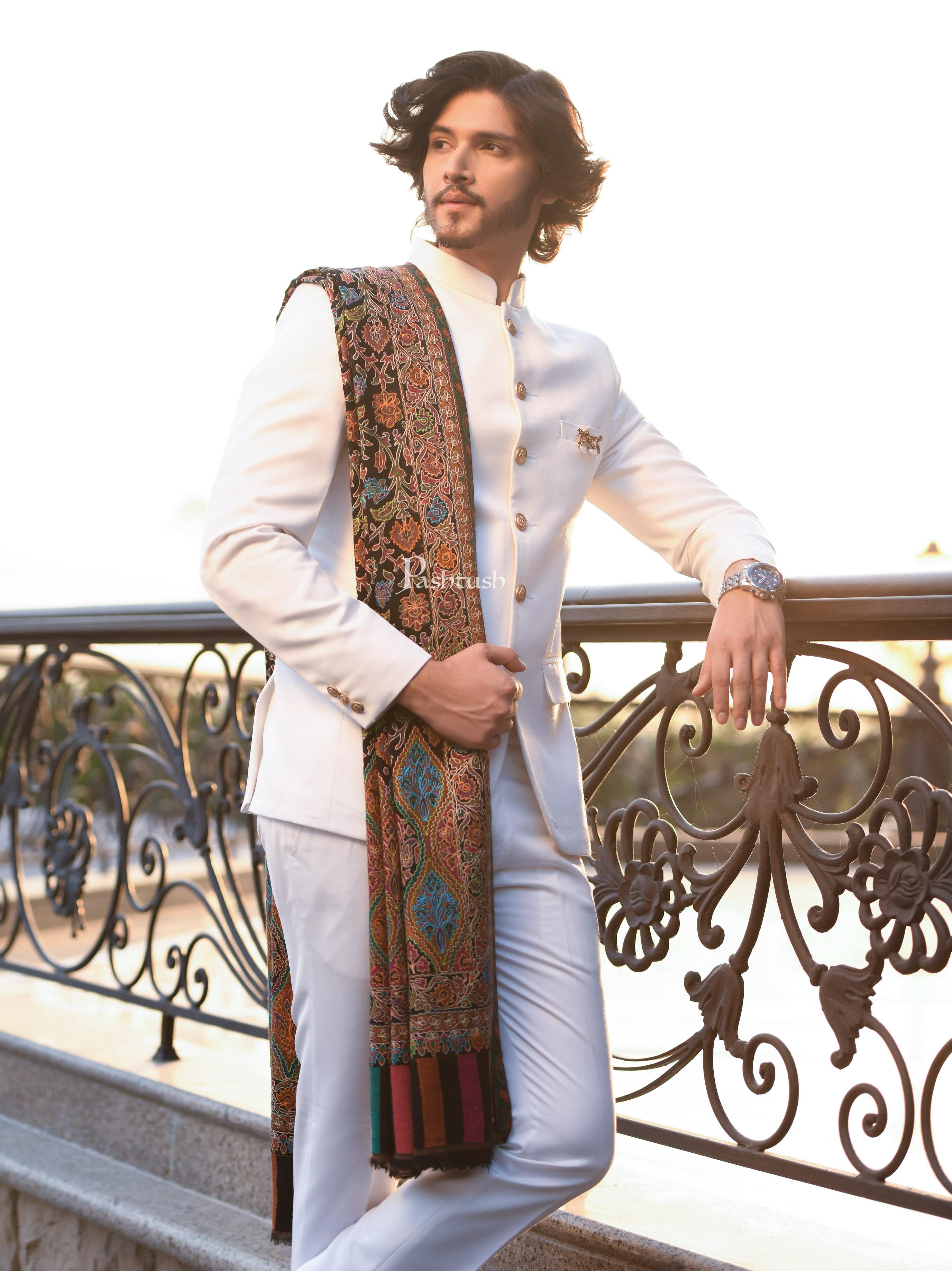 Pashtush Fine Wool Woven Ethnic Weave Kashmiri Nalki Outline Embroidered, Stole, Black - Image 7