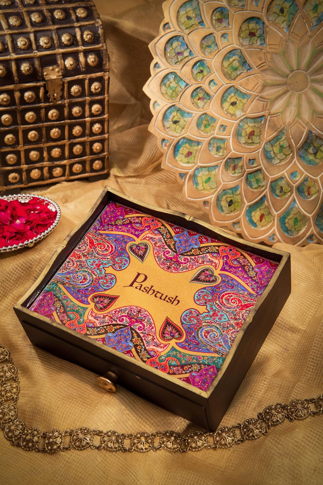 Pashtush His and Her Gift Set of 100% Pure Wool Shawls, Beige and Multicolour, Packaged in Keepsake Wooden Chester Gift Box - Image 2