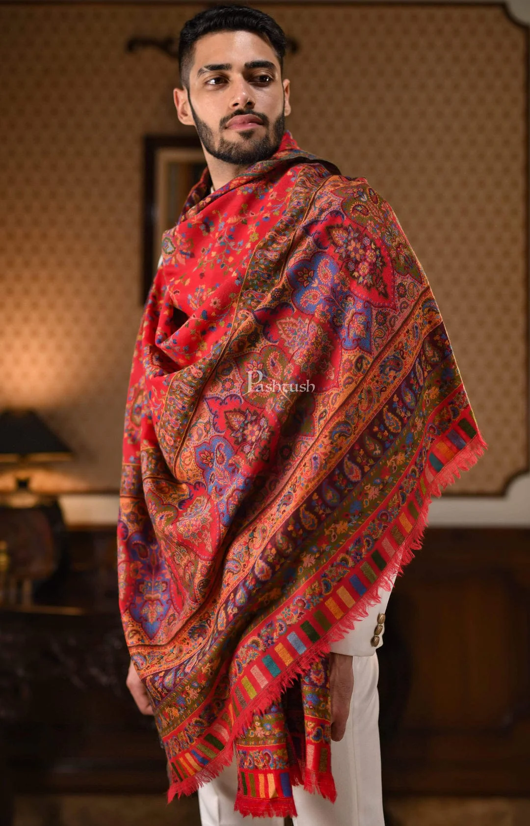 Pashtush His and Her Gift Set of 100% Pure Wool Stoles, Scarlet Red and Beige, Packaged in Keepsake Wooden Chester Gift Box - Image 5