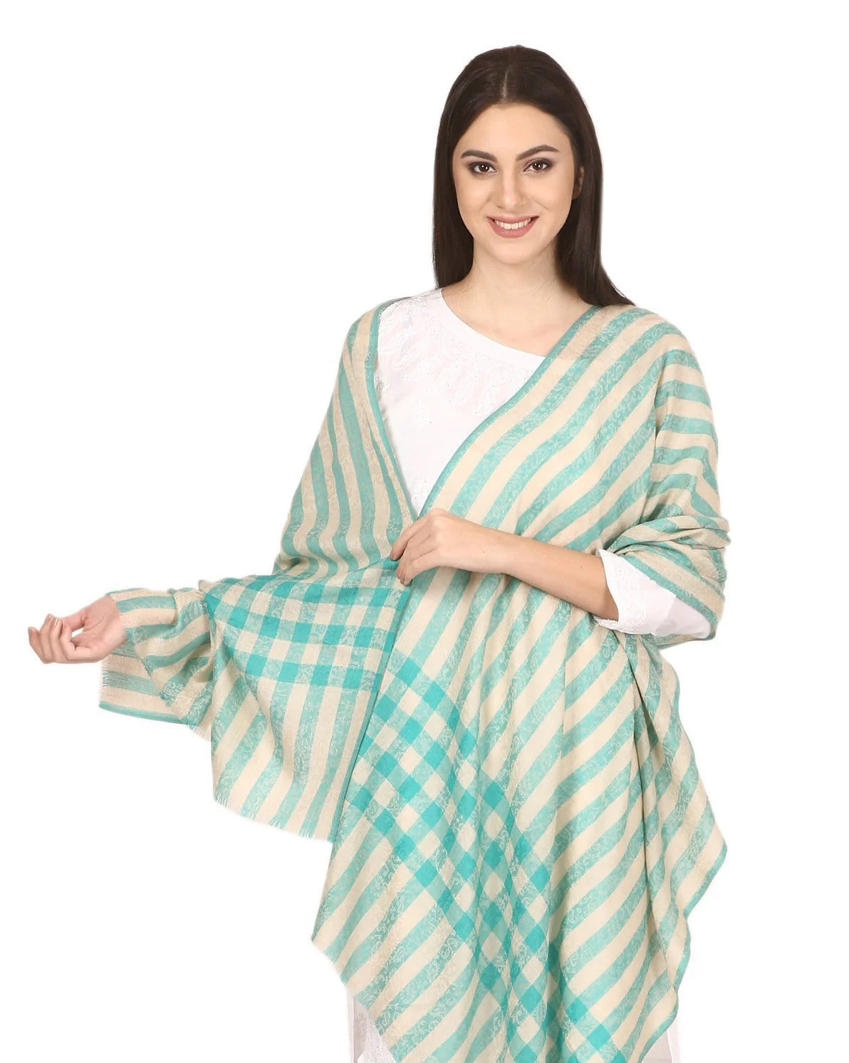 Pashtush His And Her Gift Set Of Check-Stripe Stoles With Premium Gift Box Packaging, Black and Sea Green - Image 10