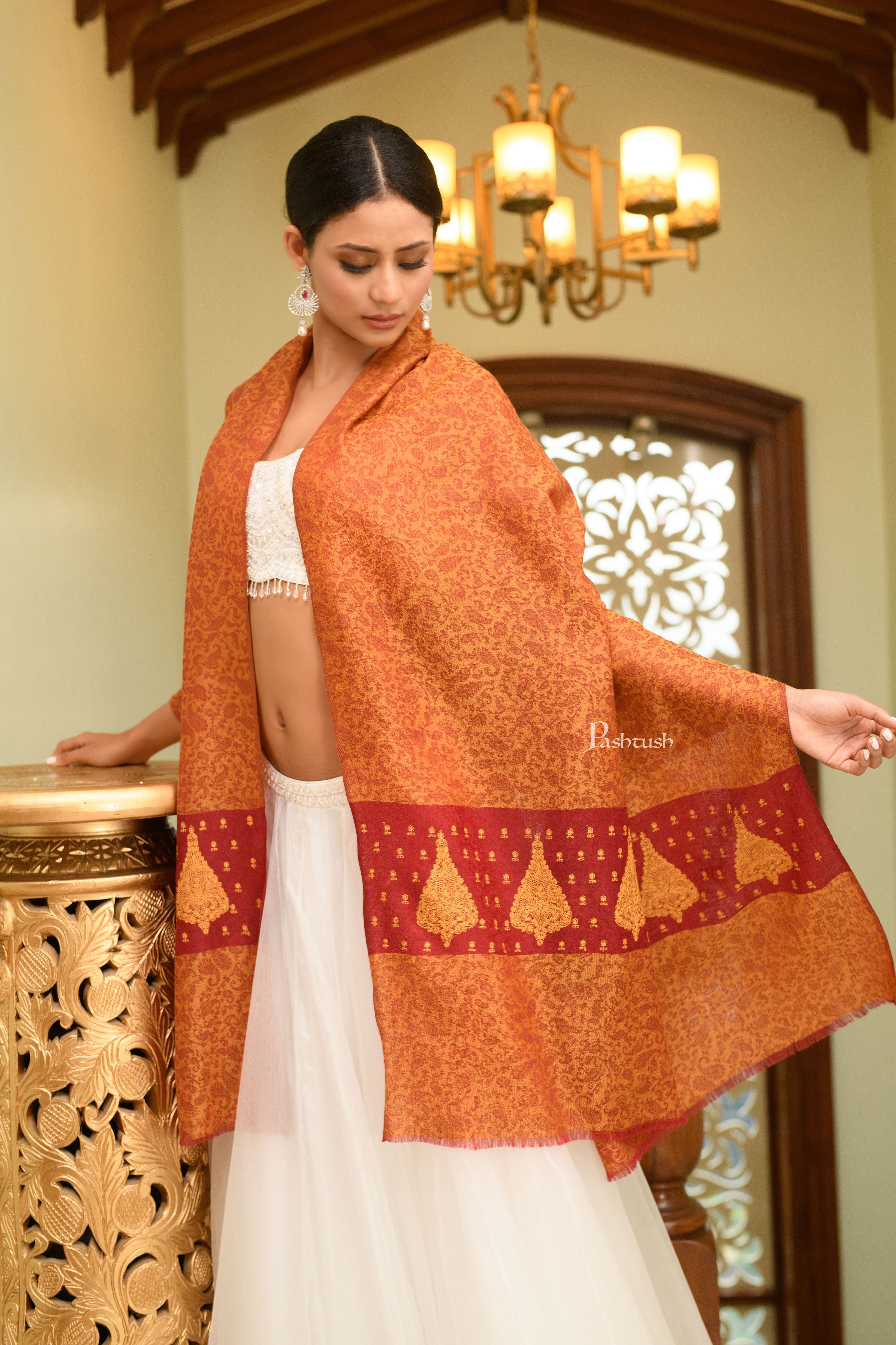 Pashtush His And Her Gift Set Of Checkered Stole And Embroidery Shawl With Premium Gift Box Packaging, Deep Orange and Maroon - Image 6