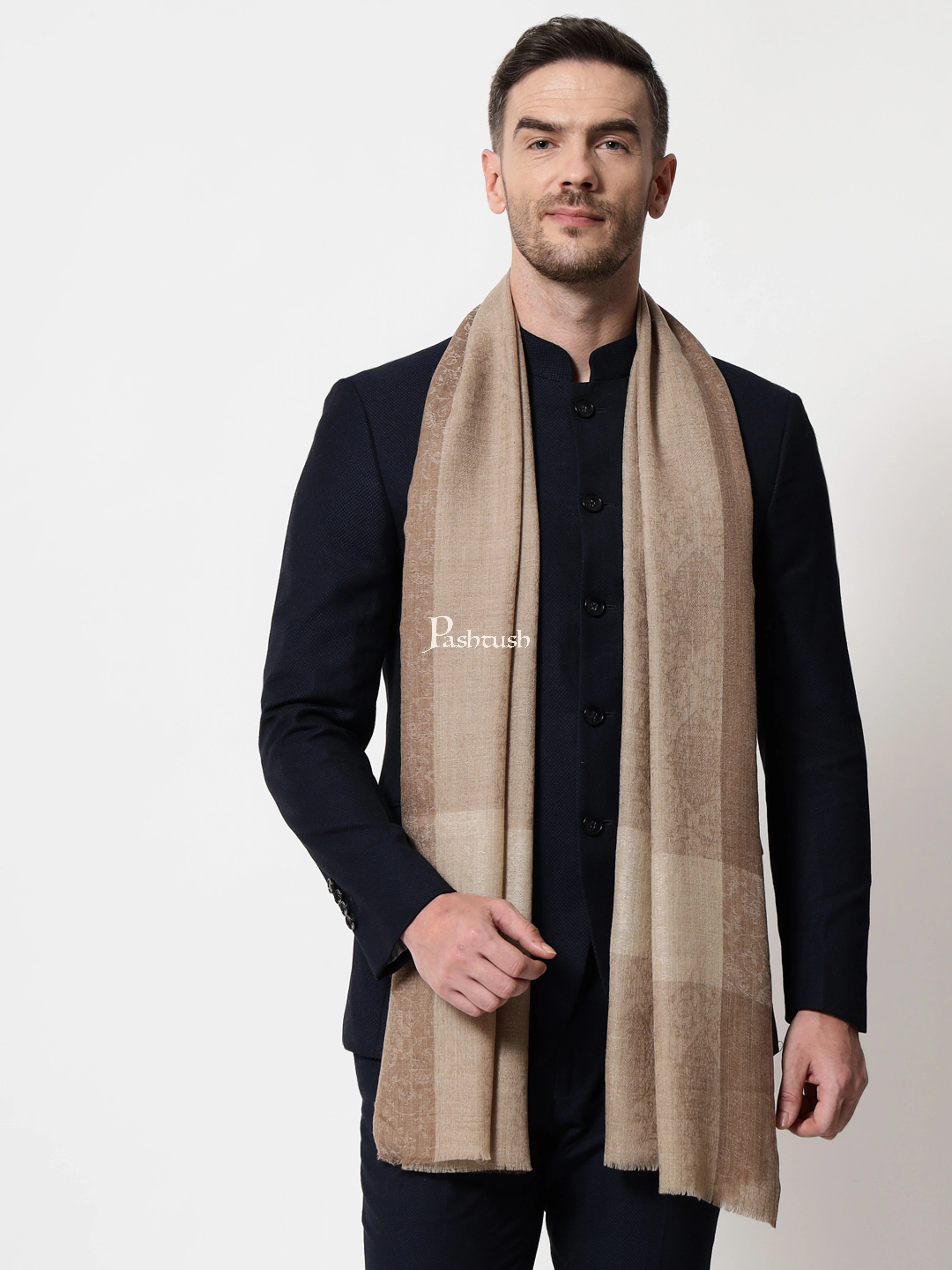 Pashtush His And Her Gift Set Of Extra Fine Wool Stole and Shawl With Premium Gift Box Packaging, Beige - Image 3
