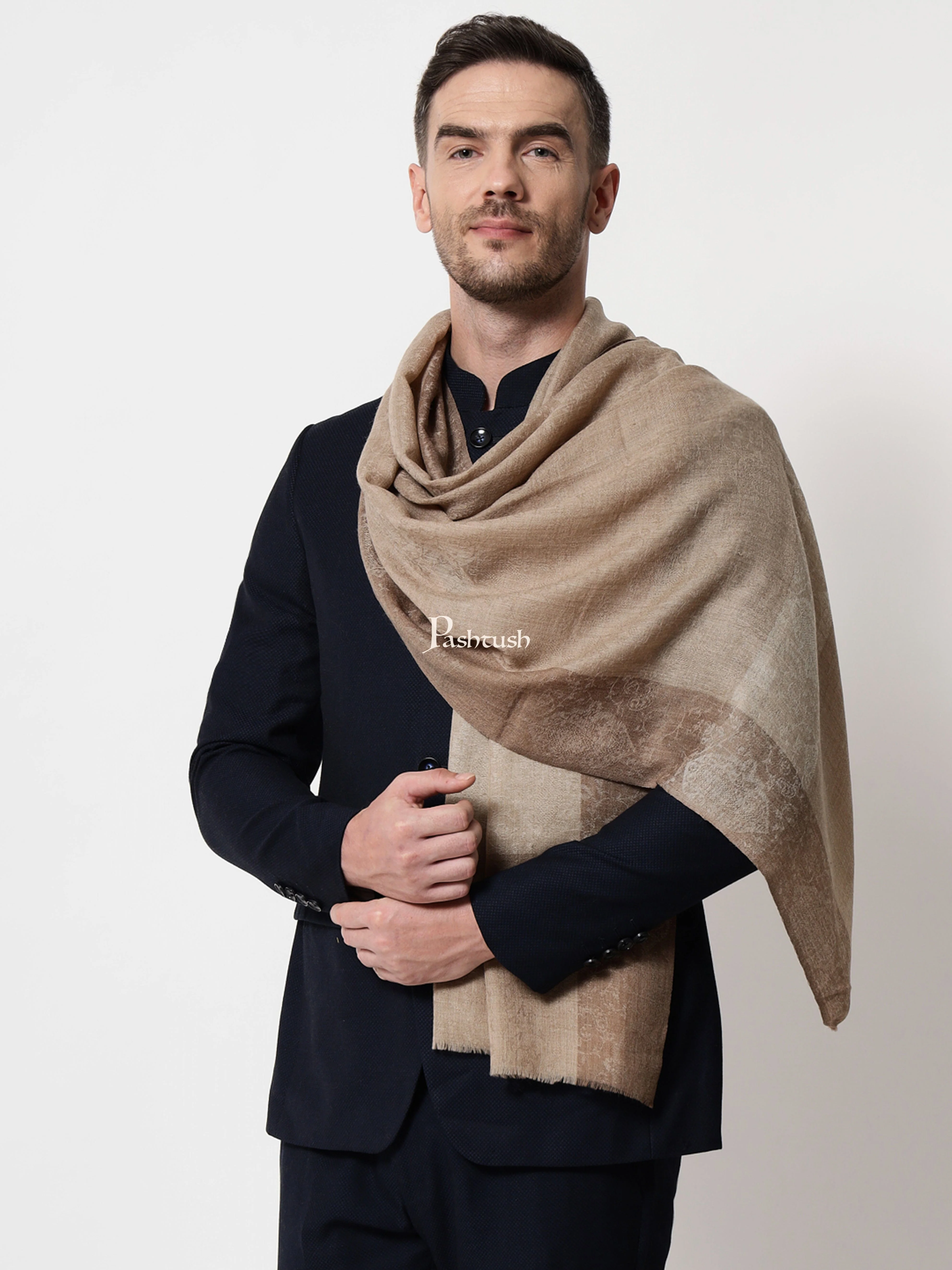 Pashtush His And Her Gift Set Of Extra Fine Wool Stole and Shawl With Premium Gift Box Packaging, Beige - Image 5