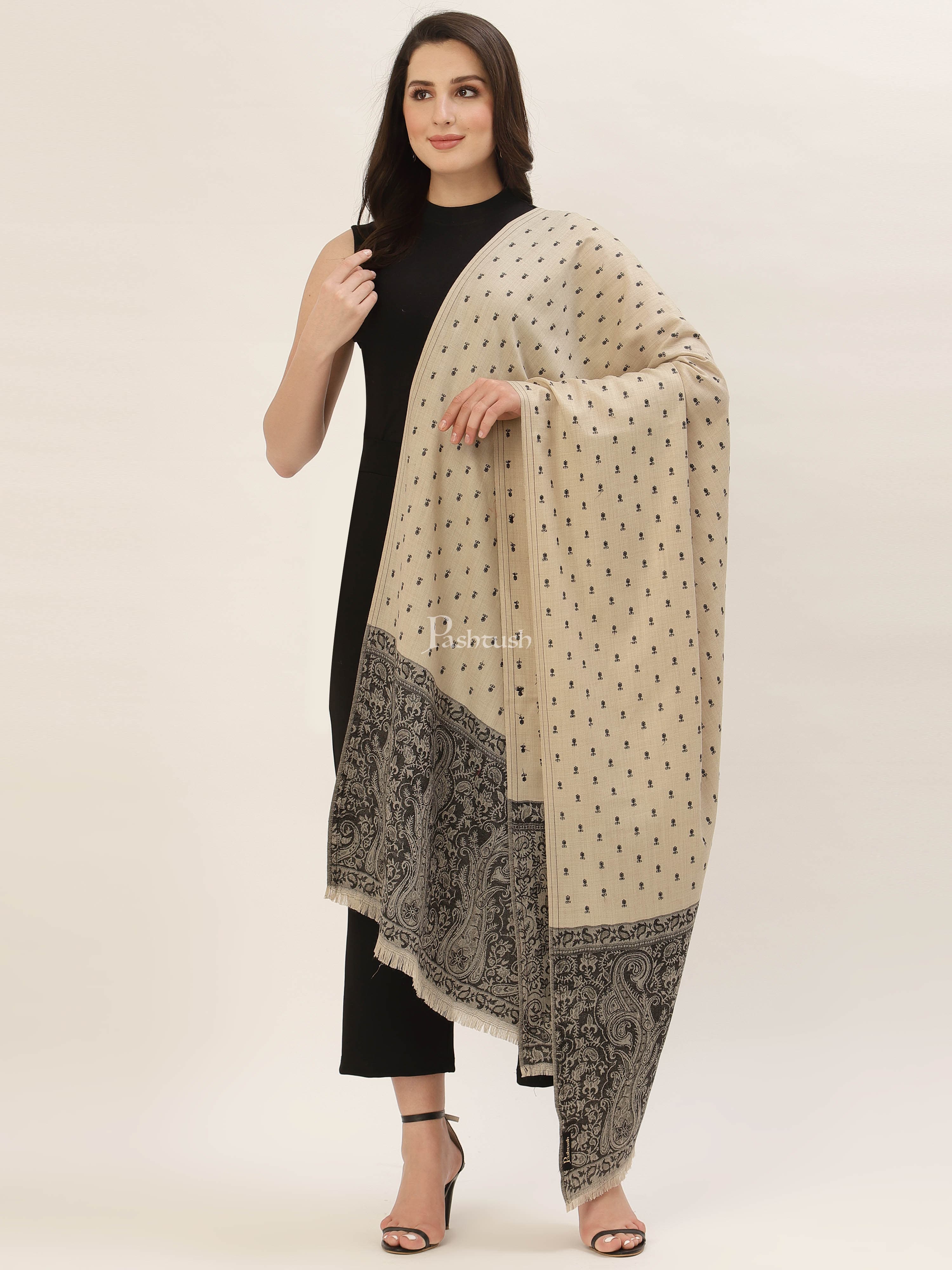Pashtush His And Her Gift Set Of Fine Wool Stole and Embroidery Shawl With Premium Gift Box Packaging, Black and Beige - Image 8