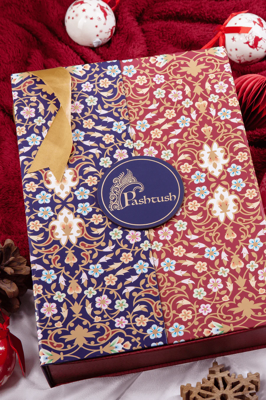 Pashtush His And Her Gift Set Of Fine Wool Stole and Embroidery Shawl With Premium Gift Box Packaging, Navy Blue and Majenta - Image 2