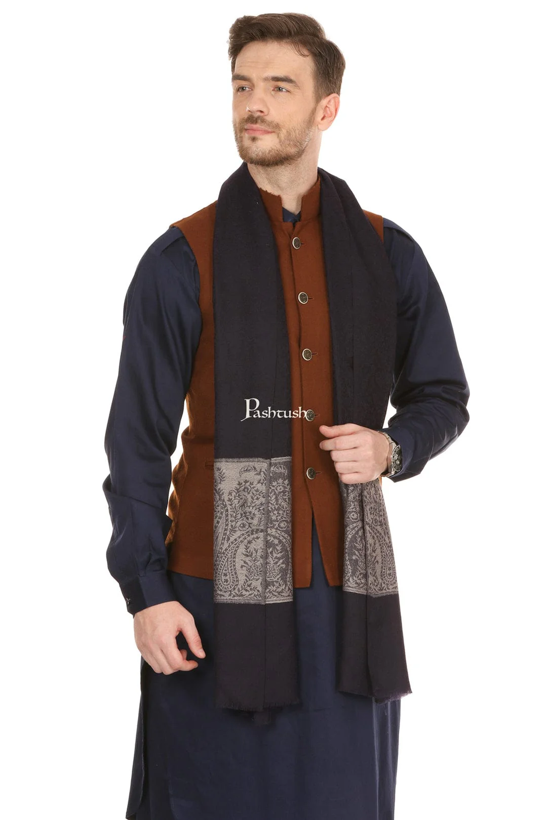 Pashtush His And Her Gift Set of Fine Wool Stoles, Premium Gift Box Packaging, Black and Beige - Image 2