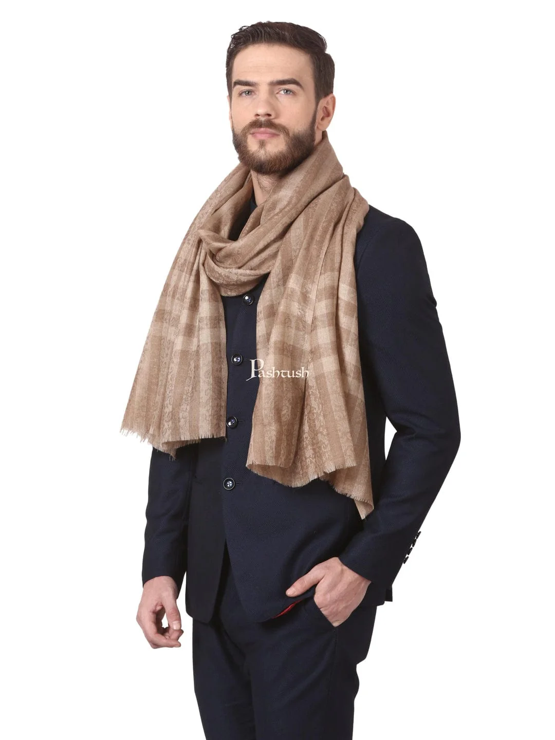 Pashtush His and Her Gift Set of Mens Fine Wool Stole and Womens Bamboo Stole, Beige and Multicoloured, Packaged in Keepsake Wooden Chester Gift Box - Image 3