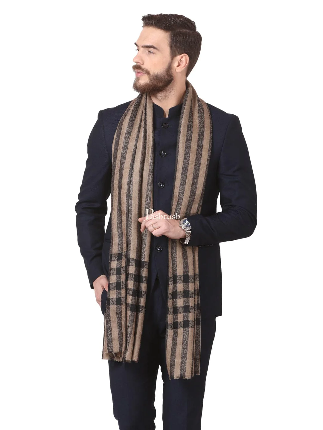 Pashtush His and Her Gift Set of Mens Fine Wool Stole and Womens Bamboo Stole, Black and Multicoloured, Packaged in Keepsake Wooden Chester Gift Box - Image 3