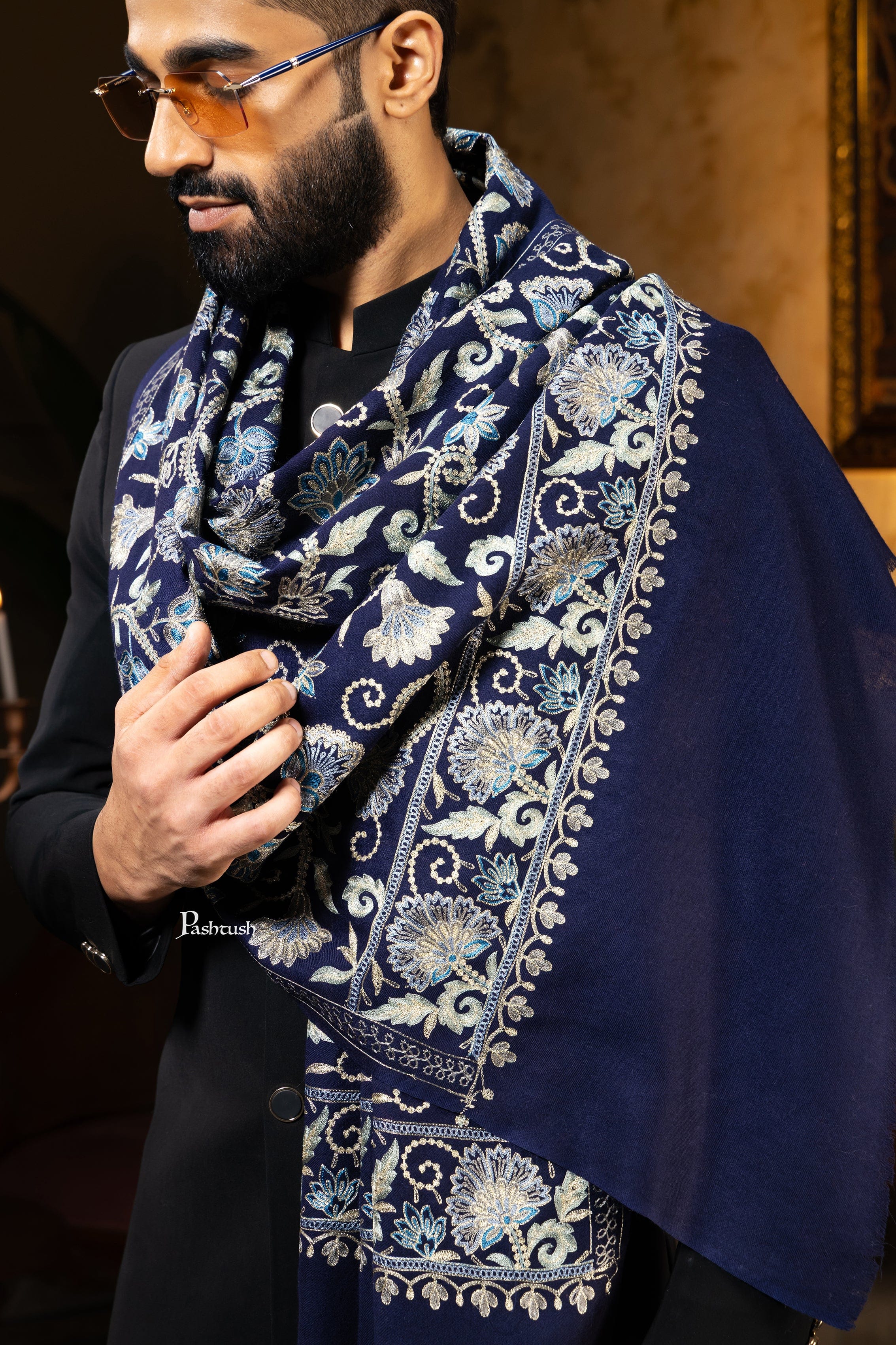 Pashtush His and Her Gift Set of Mens Silk Wool Embroidery Stole and Womens Pure Cashmere Stole, Navy Blue and Ombre, Packaged in Keepsake Wooden Chester Gift Box - Image 7