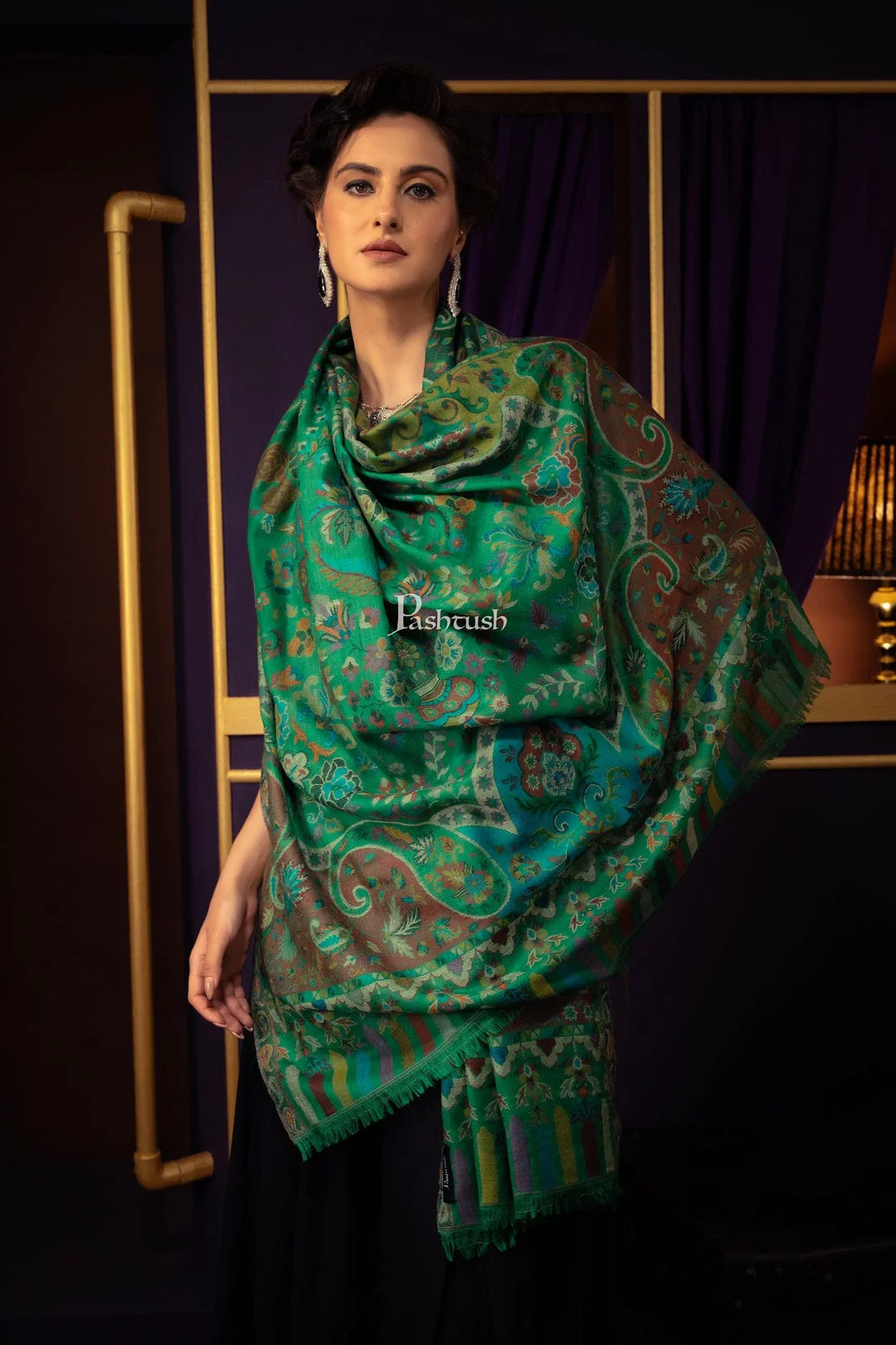 Pashtush His And Her Set Of 100% Pure Wool Shawls, Premium Gift Box Packaging, Beige and Emerald Green - Image 9