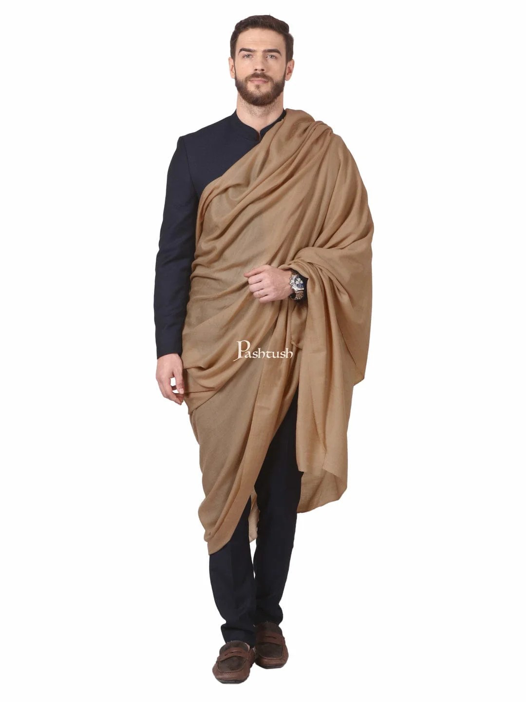 Pashtush His And Her Set Of 100% Pure Wool Shawls, Premium Gift Box Packaging, Taupe and Black - Image 3