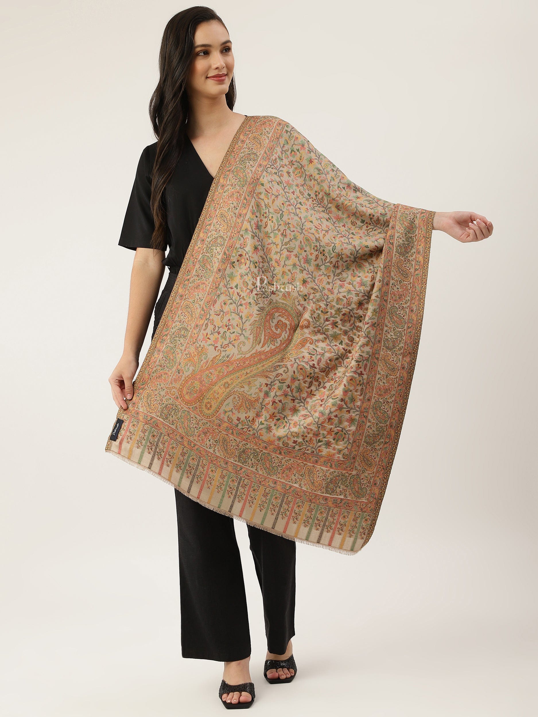 Pashtush His And Her Set Of Bamboo Woven Ethnic Stoles With Premium Gift Box Packaging, Ivory and Beige - Image 6