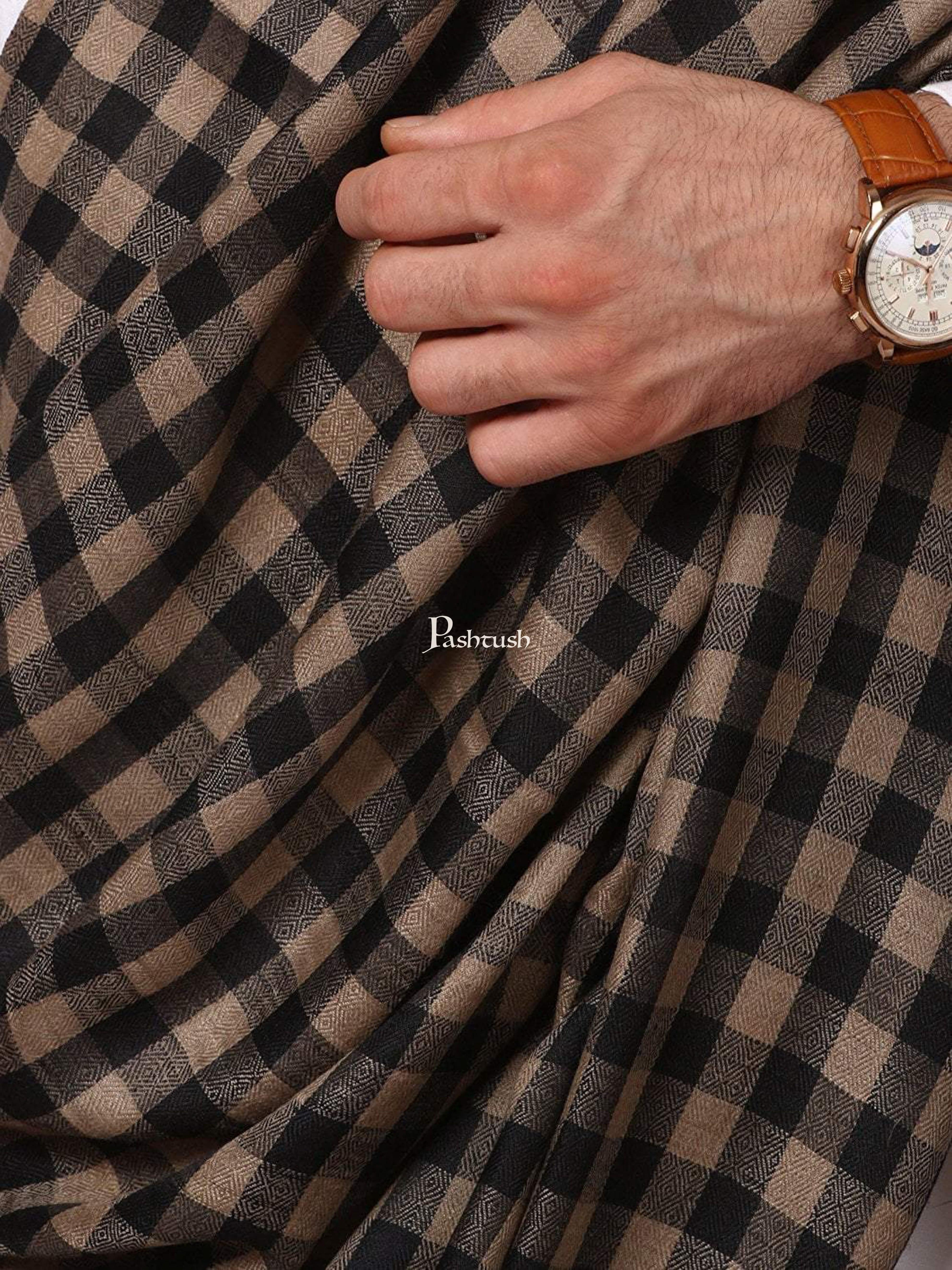 Pashtush His And Her Set Of Fine Wool Check Shawl and Ethnic Weave Palla Shawl With Premium Gift Box Packaging, Black - Image 6