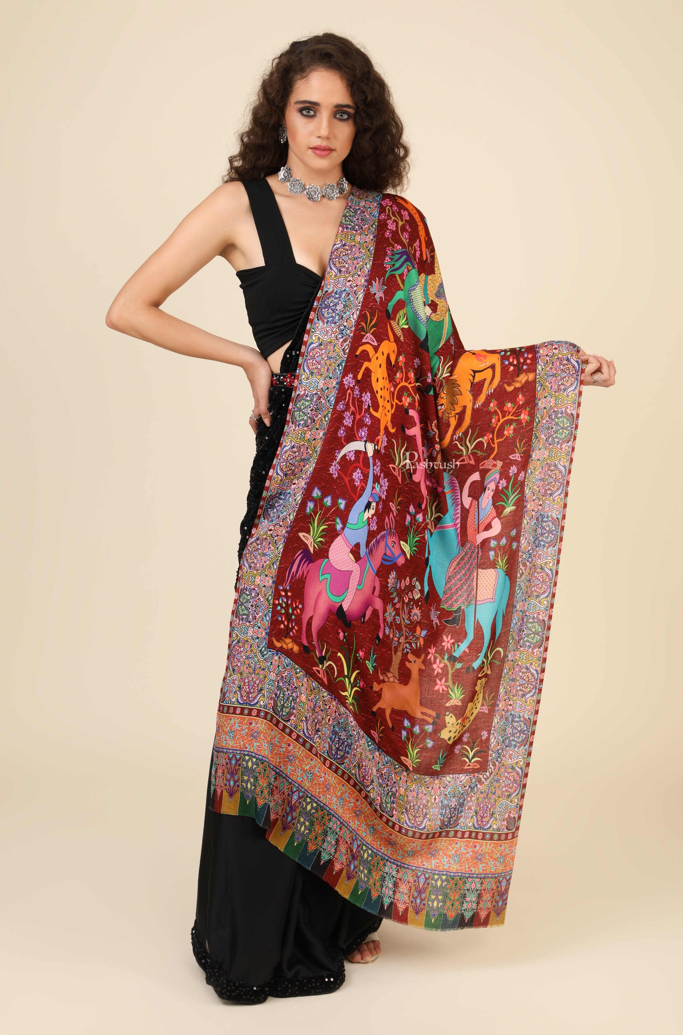 Pashtush His And Her Set Of Fine Wool Self Stole and Bamboo Stole With Premium Gift Box Packaging, Maroon and Multicolour - Image 7