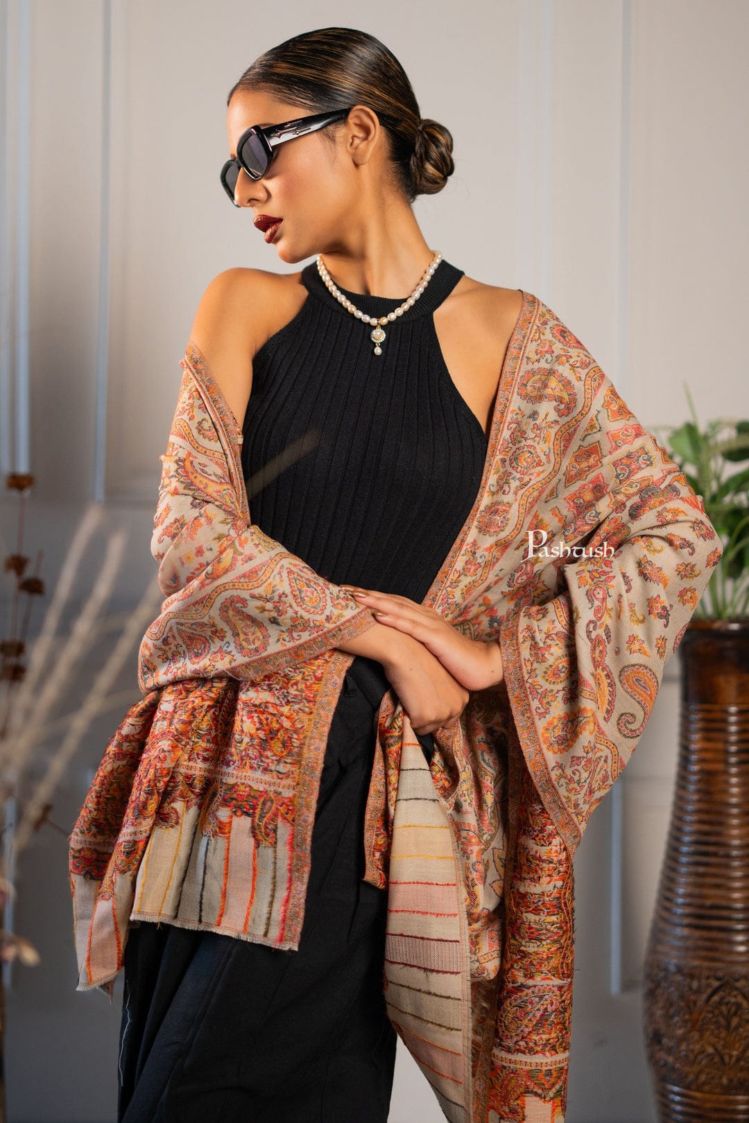 Pashtush His And Her Set Of Fine Wool Mens Shawl and Womens Stole, Premium Gift Box Packaging, Beige - Image 12