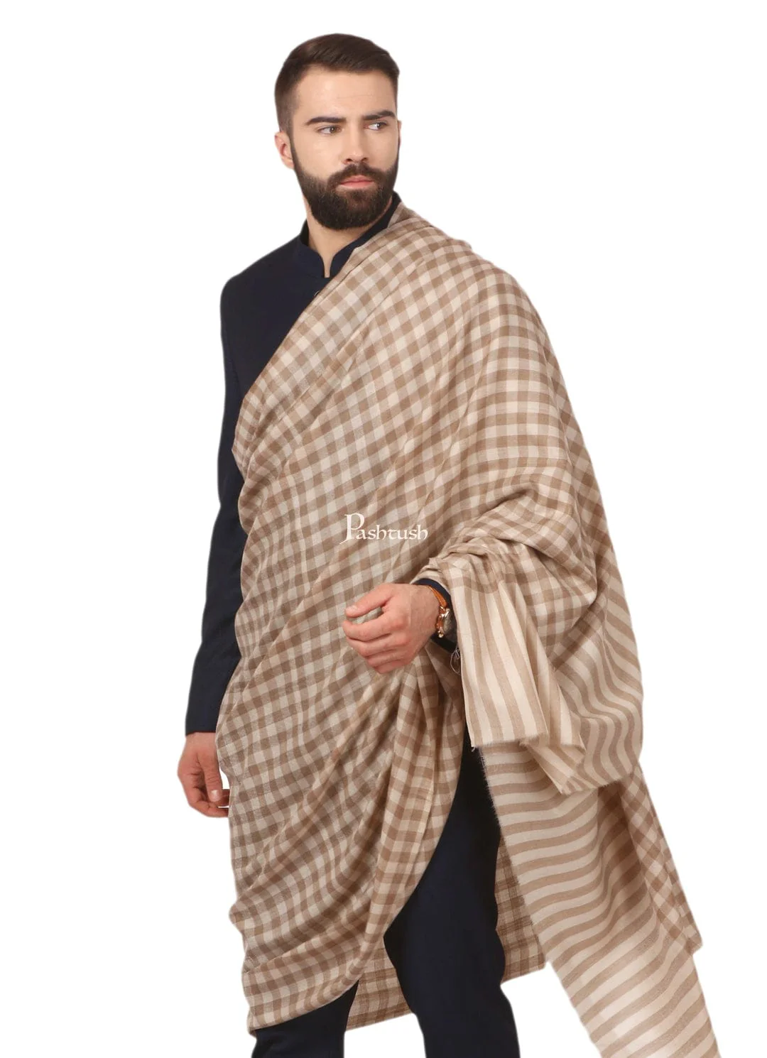 Pashtush His And Her Set Of Fine Wool Shawls, Premium Gift Box Packaging, Beige and Ivory - Image 3