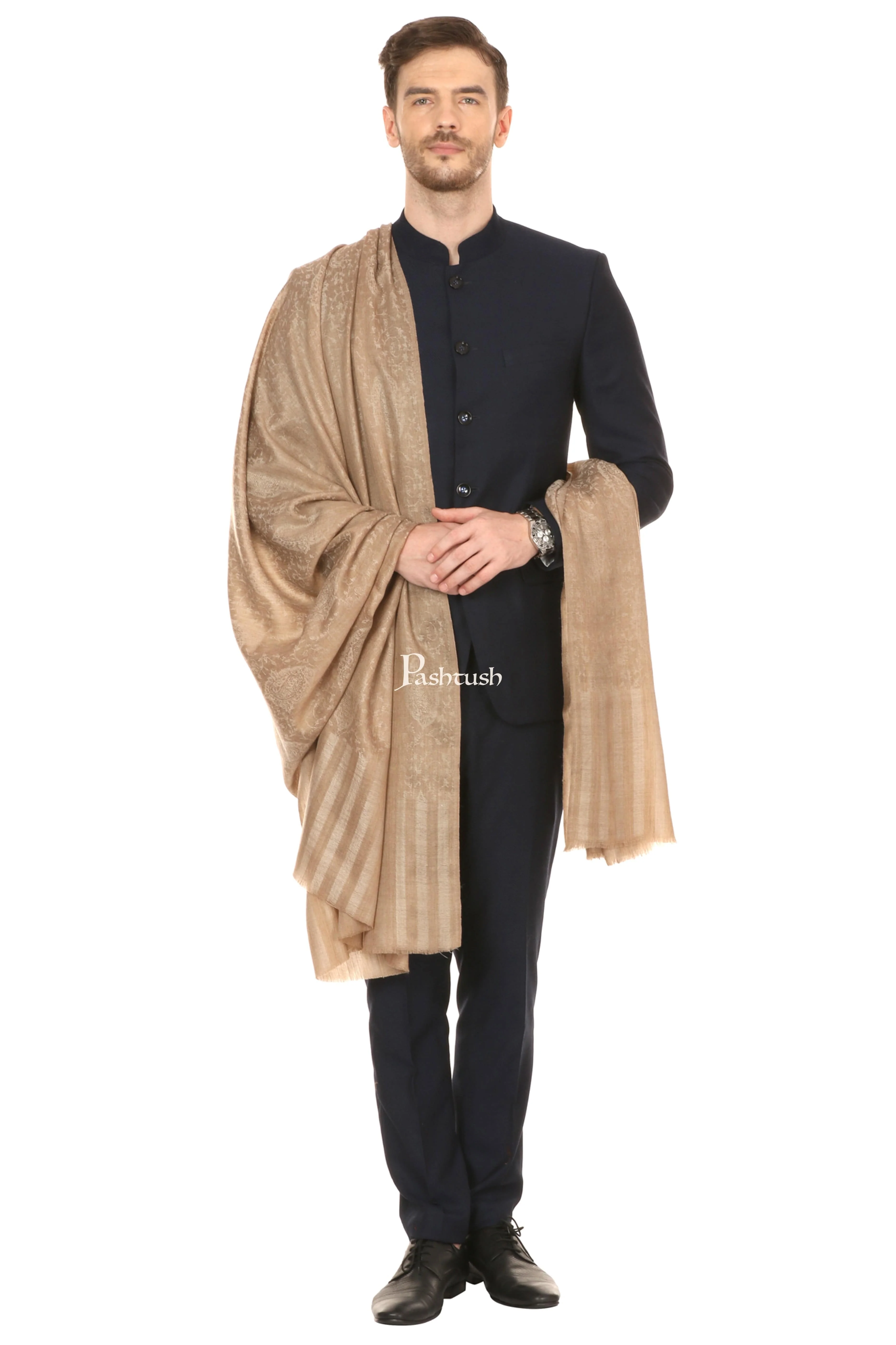 Pashtush His And Her Set Of Fine Wool Shawls With Premium Gift Box Packaging, Beige - Image 4