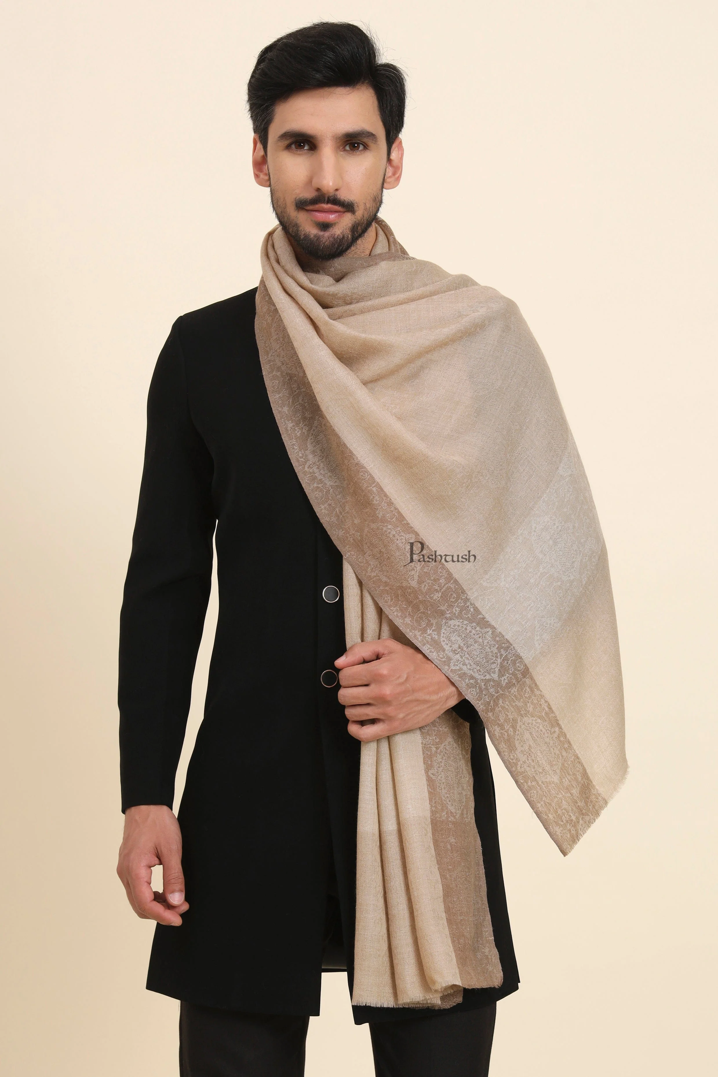 Pashtush His And Her Set Of Fine Wool Stoles , Premium Gift Box Packaging, Beige and Pink - Image 3