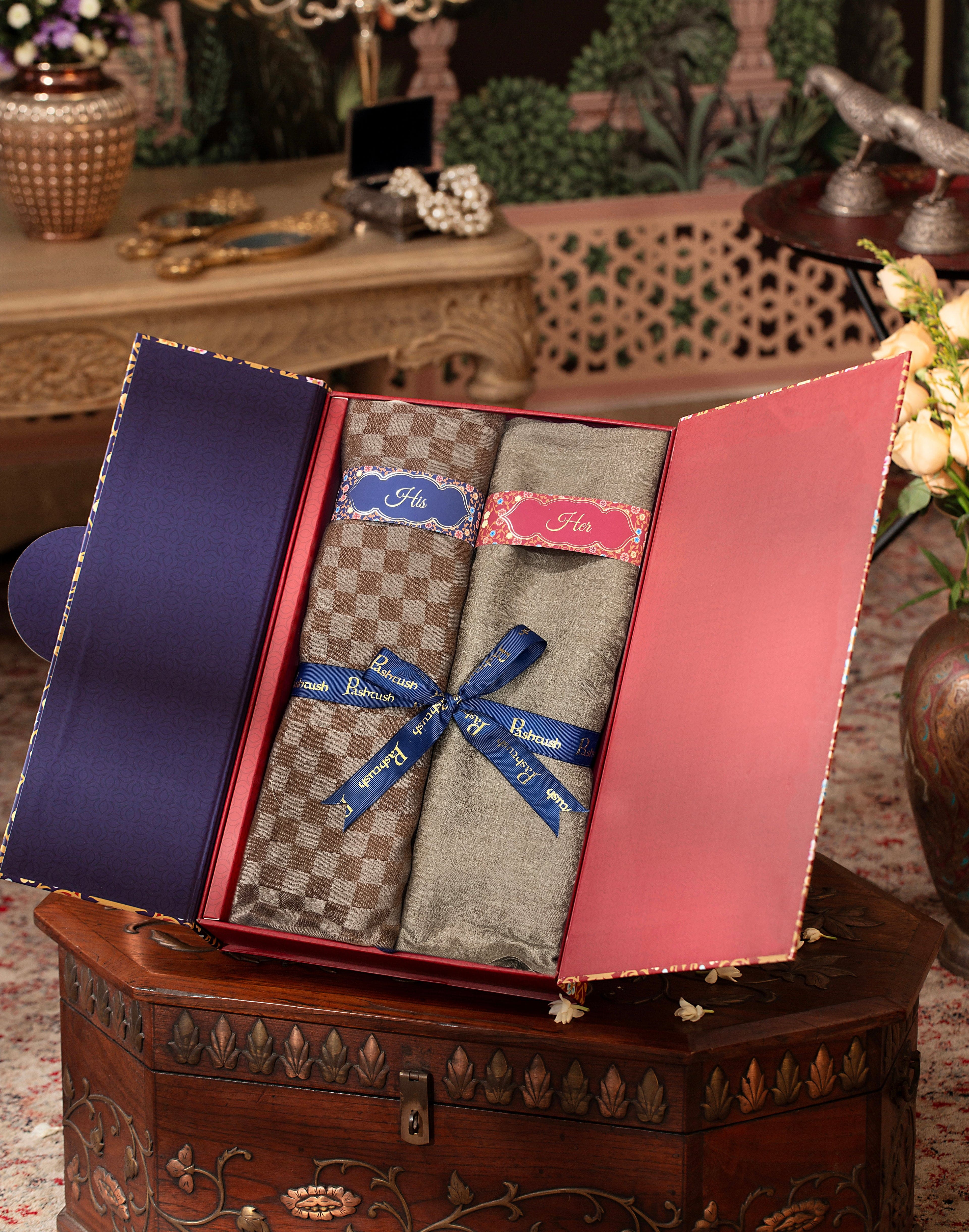 Pashtush His And Her Set Of Fine Wool Stoles, Premium Gift Box Packaging, Coffee and Beige - Image 3