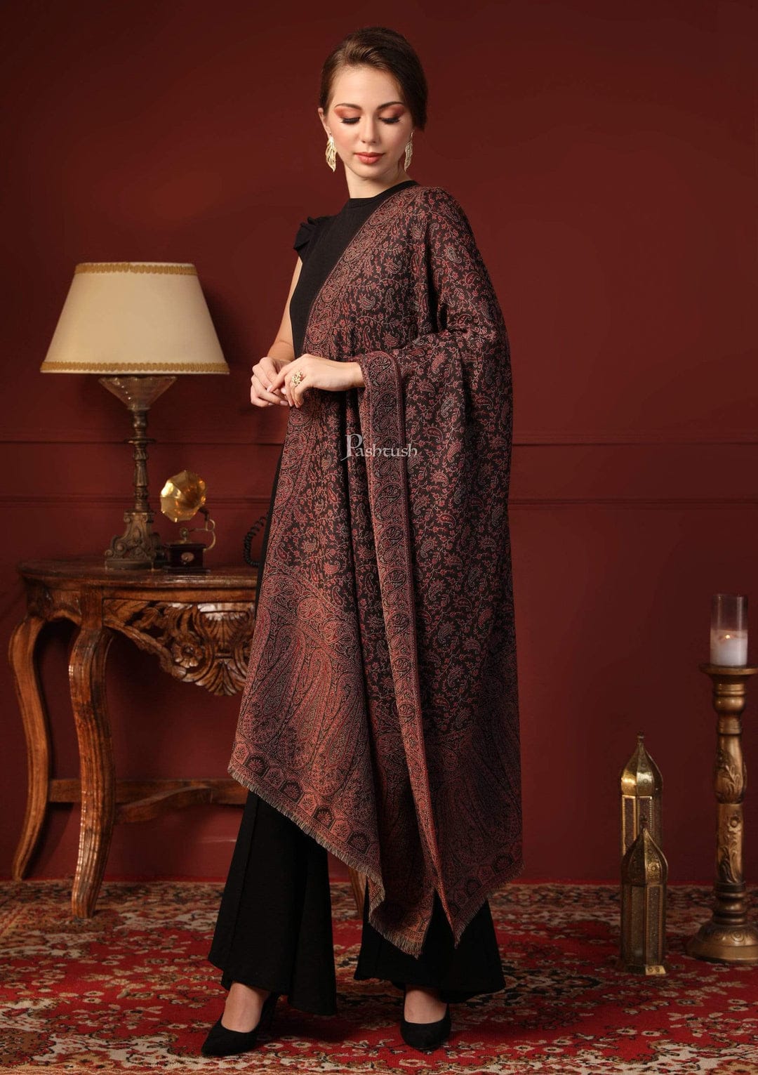 Pashtush His And Her Set Of Fine Wool Stoles, Premium Gift Box Packaging, Taupe and Black - Image 10