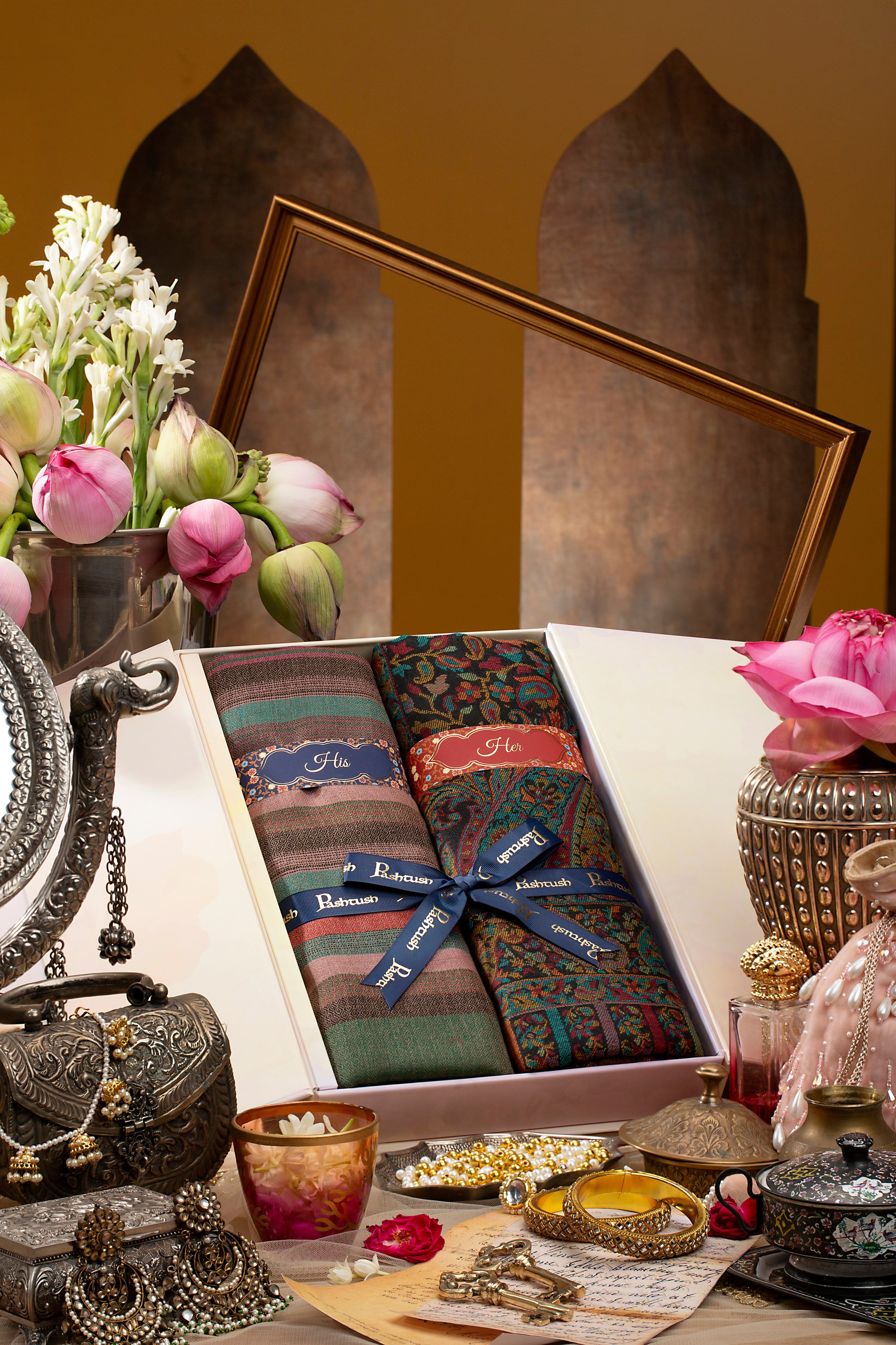 Pashtush His and Her Set of Fine Wool Stoles with Premium Gift box Packaging, Stipes and Paisely Ethnic Weave - Image 4