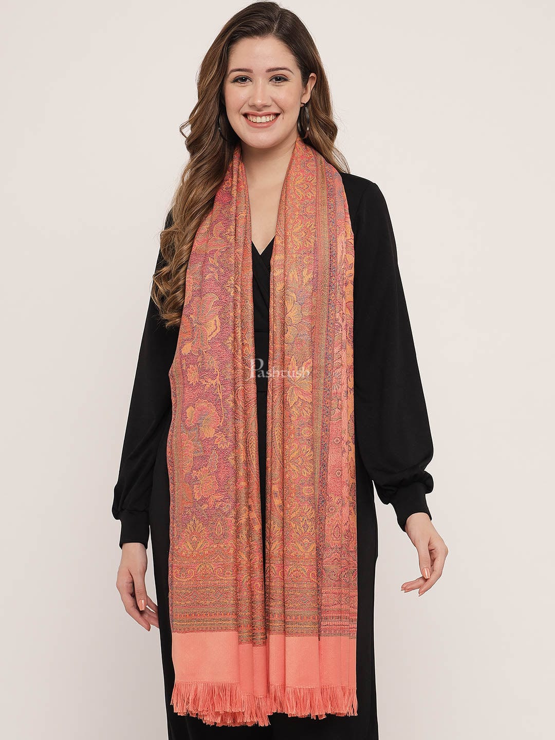 Pashtush His And Her Set Of Jamawar Stole and Shawl, Premium Gift Box Packaging, Black and Peach - Image 9