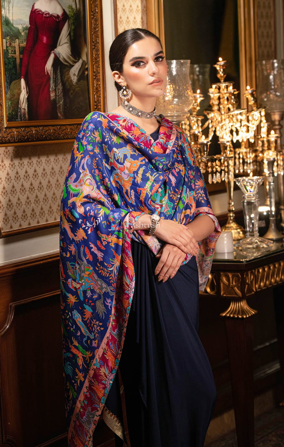 Pashtush His And Her Set Of Jamawar Stole and Womens Bamboo Stole, Premium Gift Box Packaging, Maroon And Blue - Image 7