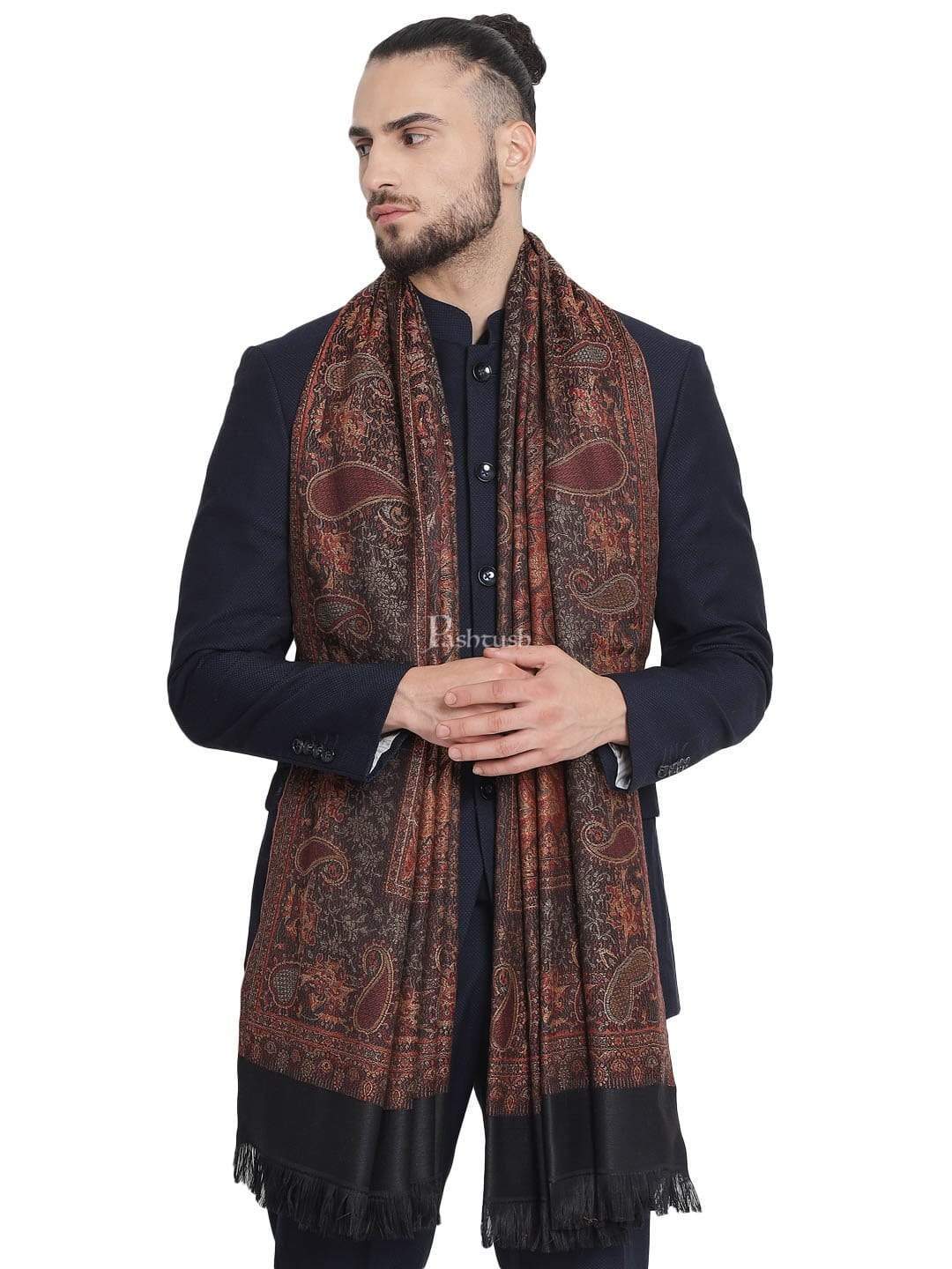 Pashtush His And Her Set Of Jamawar Stole and Womens Shawl, Premium Gift Box Packaging, Black - Image 3