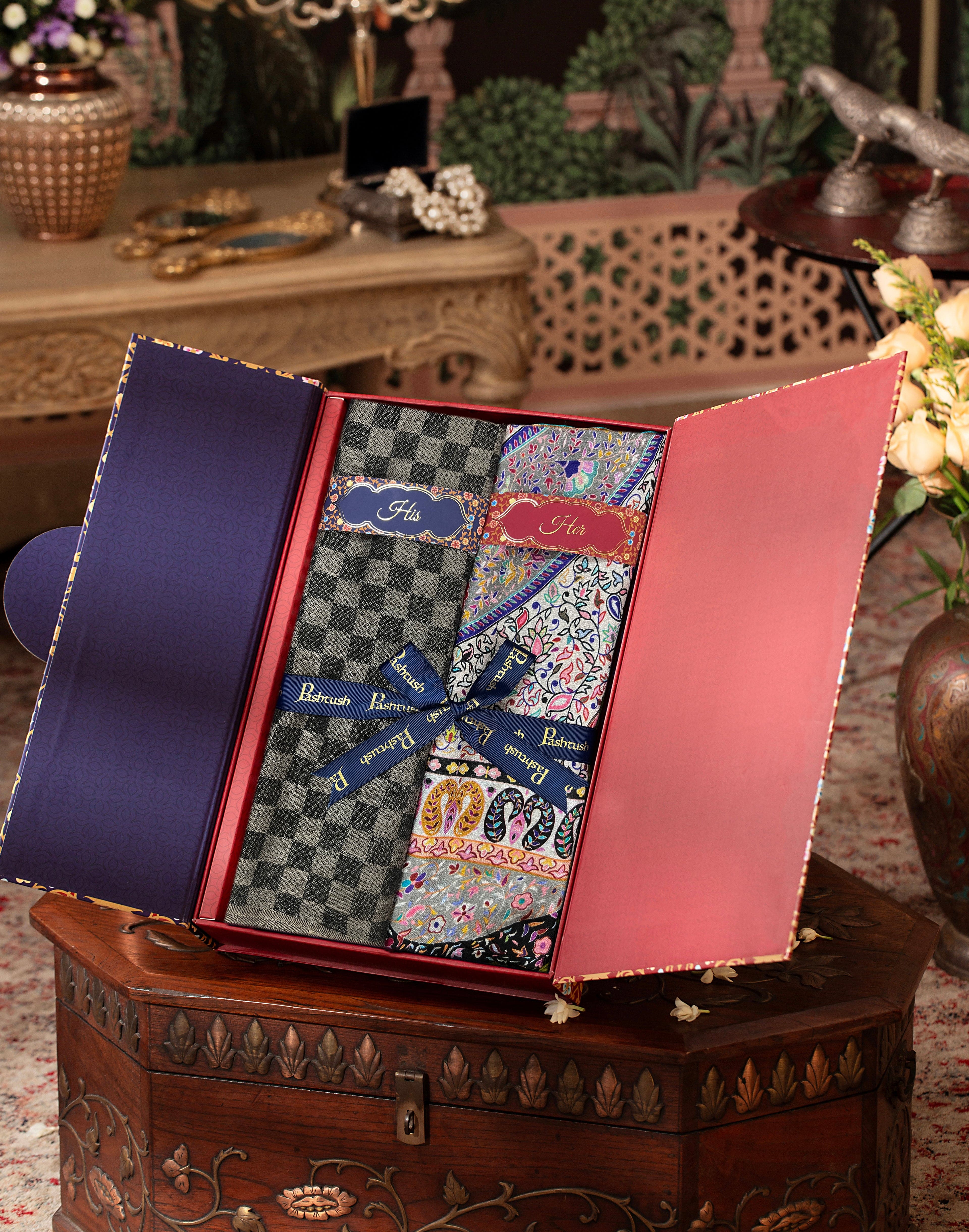 Pashtush His And Her Set Of Mens Checkerd Stole and Womens Extra Soft Bamboo Stole, Premium Gift Box Packaging, Black and Multicolour - Image 3